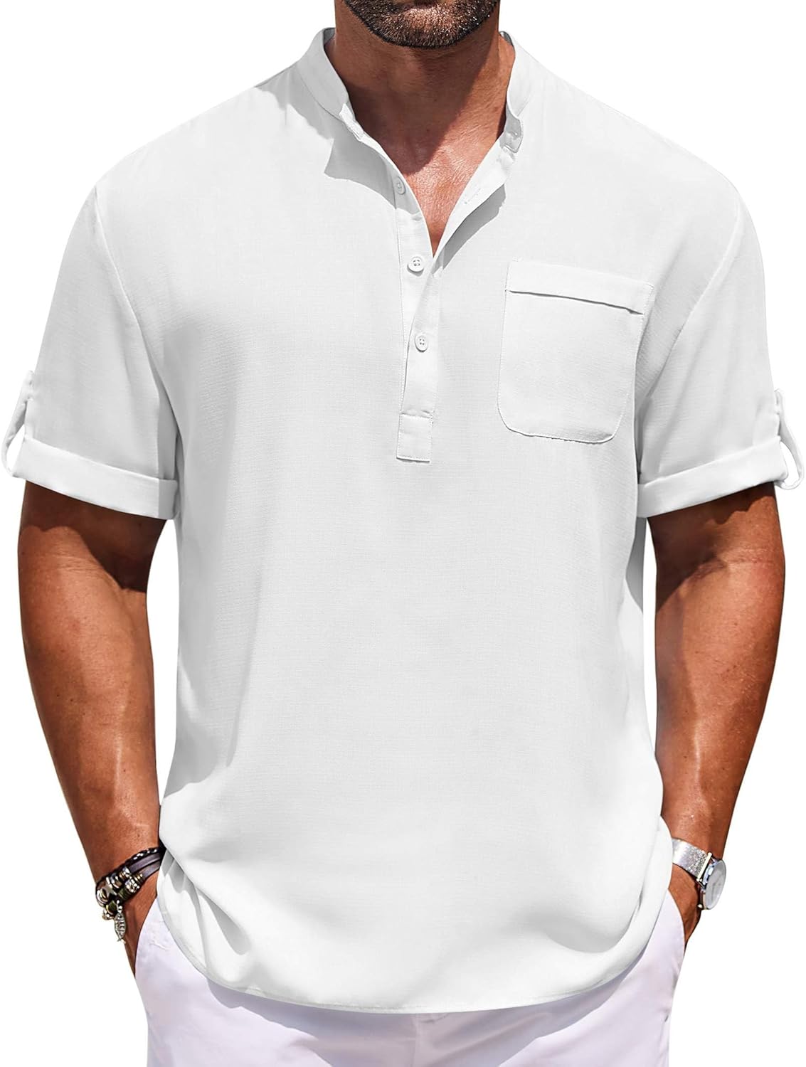 COOFANDY Henley Shirts for Men Short Sleeve Band Collar Casual Shirt Summer Hippie Vacation Beach T Shirts with Pocket