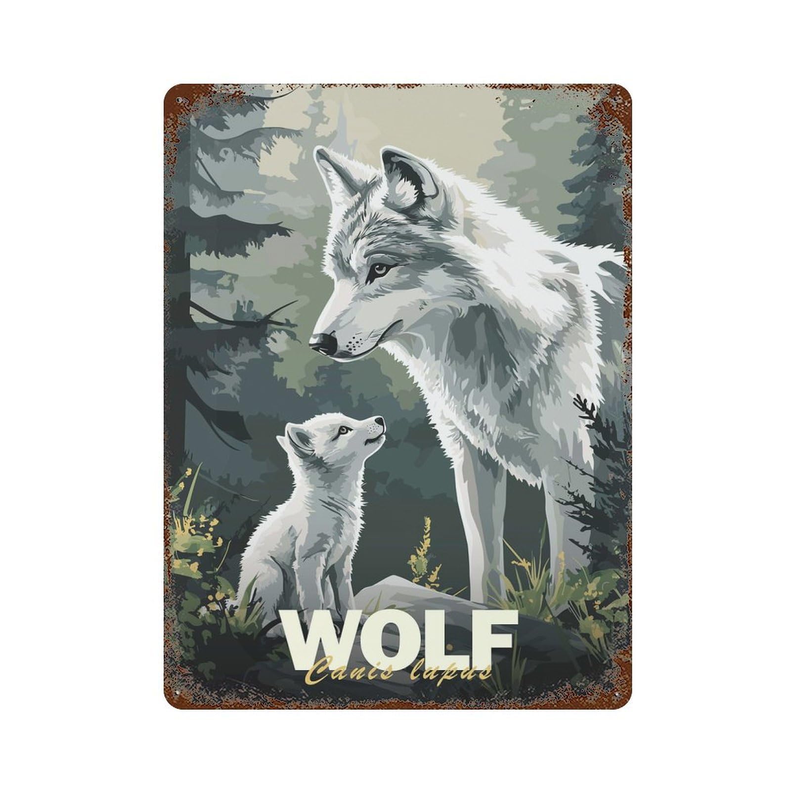 Rust Effect Wolf Family Minimalist Distressed Metal Wall Sign 15.7"x11.8", Decorative Metal Wall Art for Living Room, Hallway And Home Decor