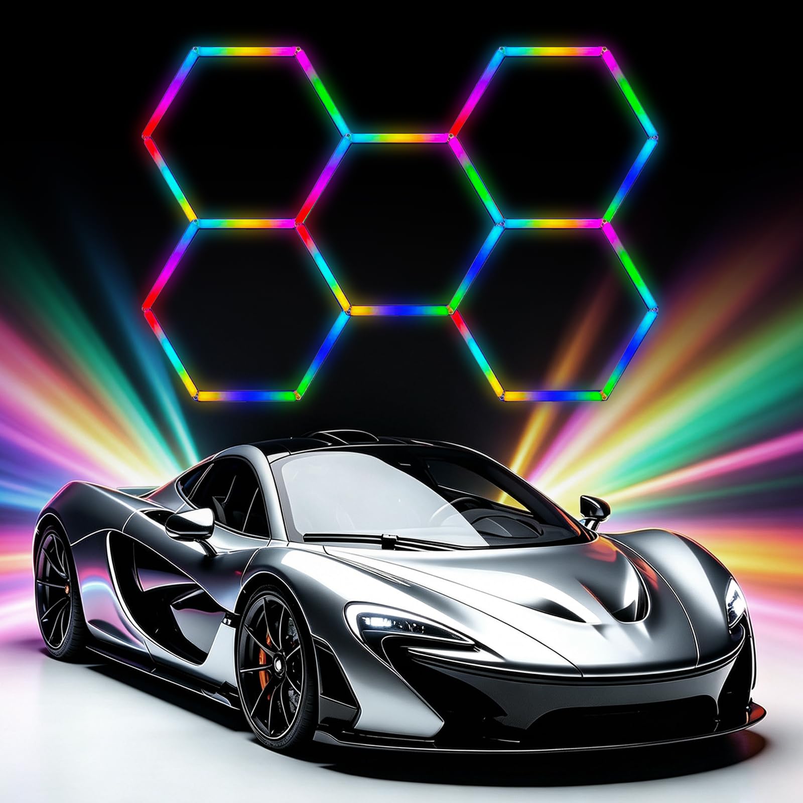 RGB Hexagon LED Garage Ceiling Lights, Linkable Dimmable with Remote