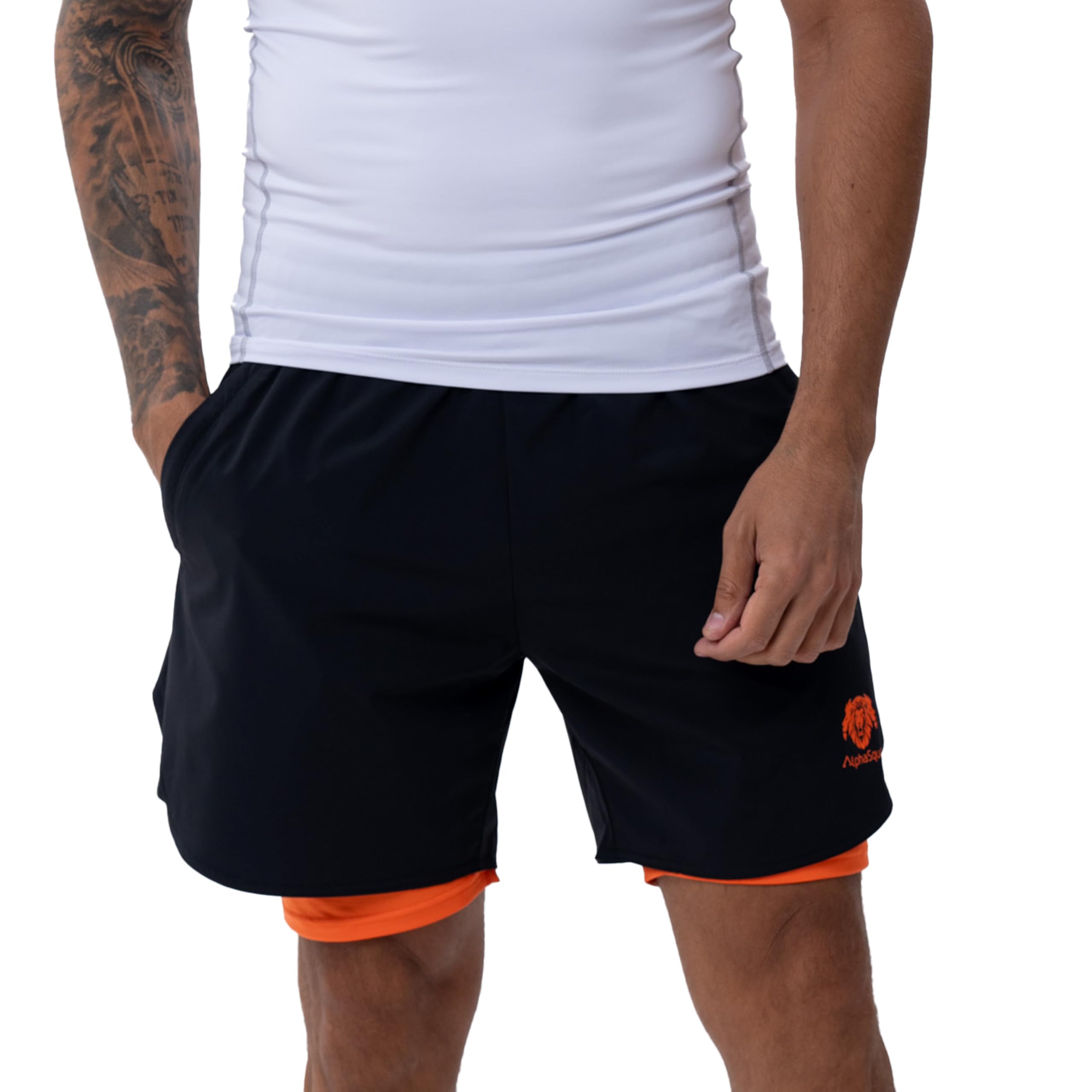 ALPHASQUAD Men’s 2-in-1 Training Shorts, Dual Layer Athletic Fit with Inner Liner & Pocket for Gym, Running & Sports M Black with Orange Liner