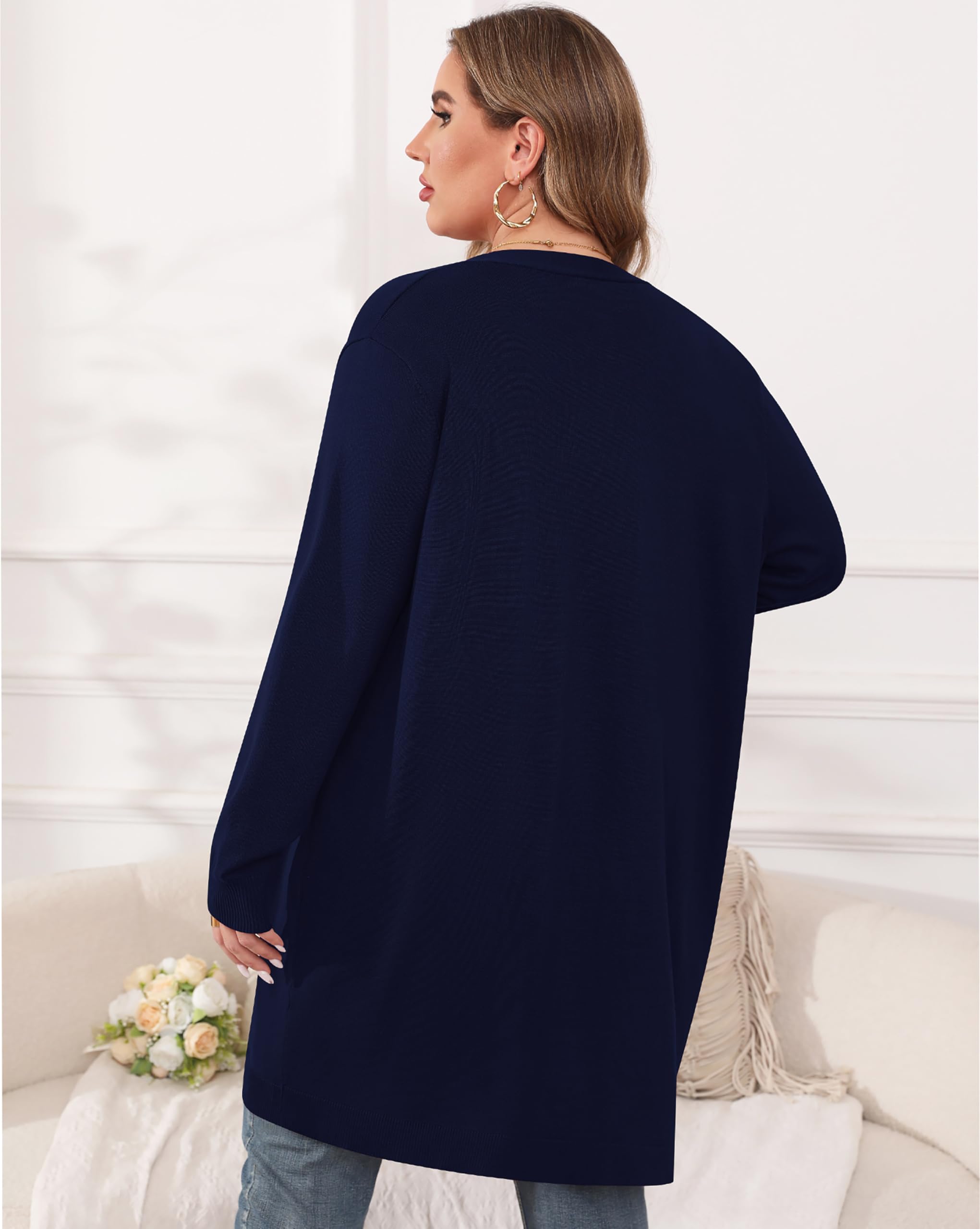 TIANZHU Cárdigan ligero de talla grande para mujer, con frente abierto, manga larga, ajuste holgado, casual, con bolsillos, talla XL-4XL