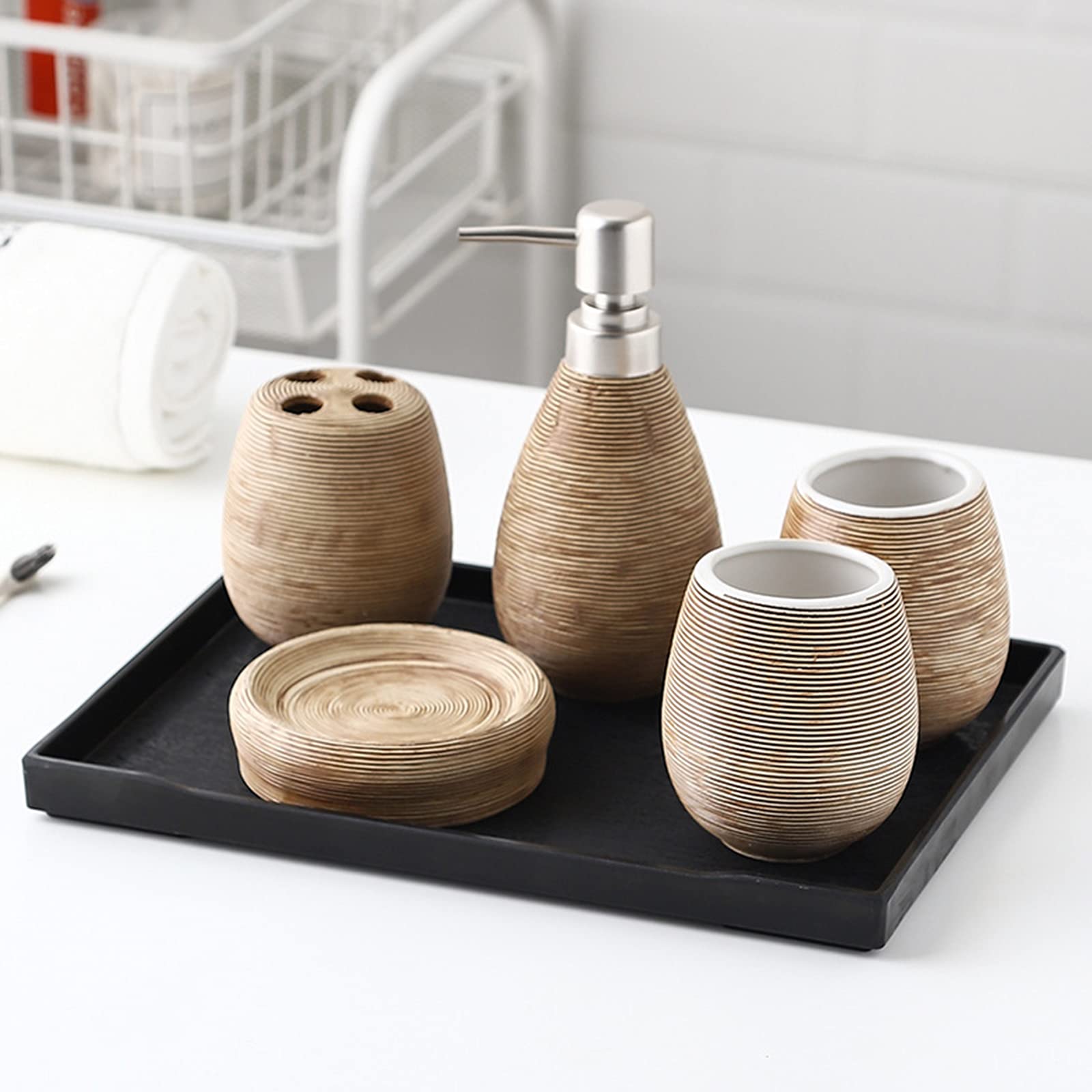Bad-Accessoires Set Keramik Badezimmer 6-Teilig Mit Seifenspender Zahnbürstenhalterung Seifenschale Becher Und Ablagefach Luxuriöses Badezimmer-Set,Braun
