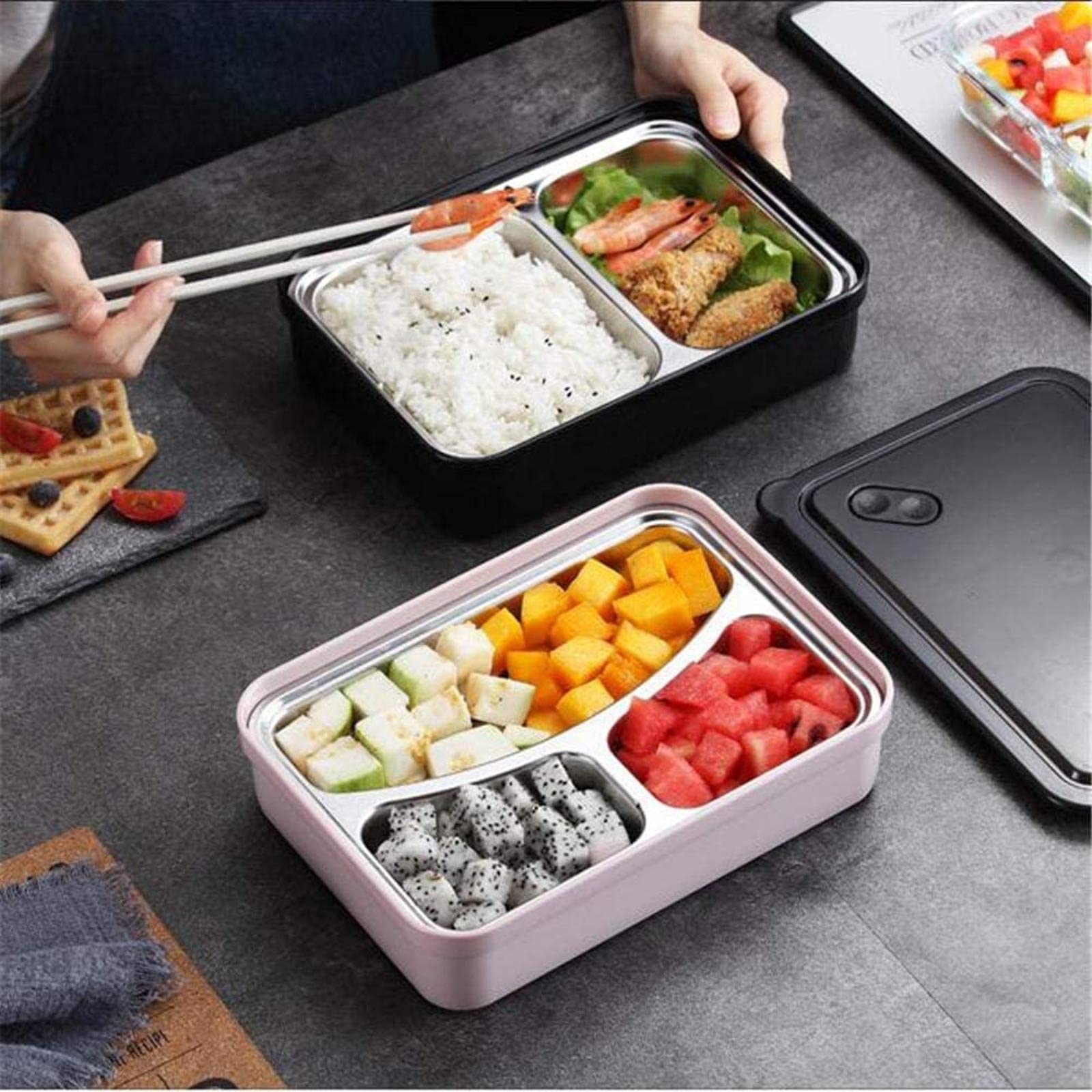 Fiable Fiambrera de acero inoxidable para niños con aislamiento simple, compartimento de una sola capa, caja sellada, tres rejillas, color rosa, tamaño: doble rejilla