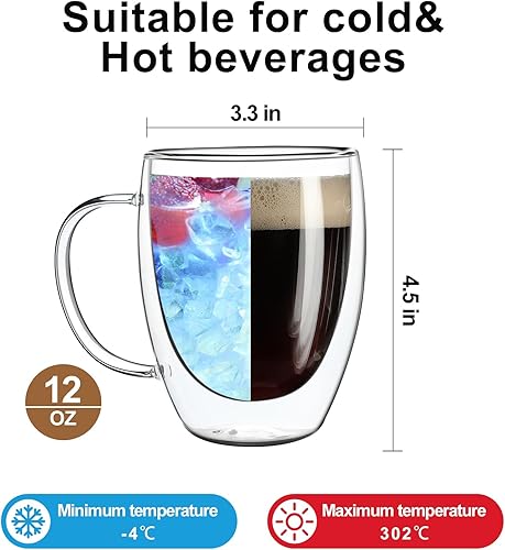 Miniatura 2 de Aurzen Paquete de 2 tazas de café de vidrio de doble pared con asas, tazas de café de gran capa aislada, tazas de borosilicato transparente,