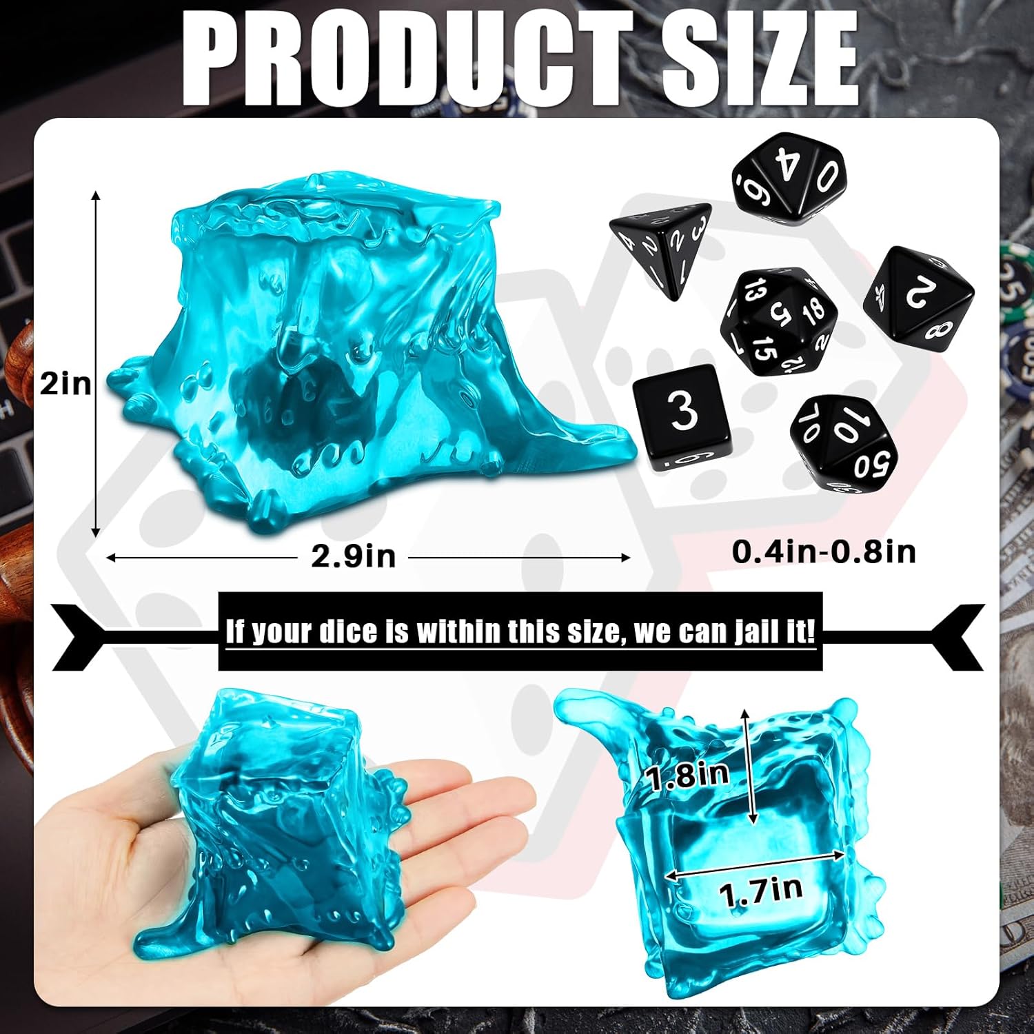 Deekin Dice Jail Gelatinous Cube Dice Prison Resin Cube 7 Role Playing Cage with Container Black Polyhedral Set Miniature Accessory for Gatherings Activity Party Gift Set(Blue)