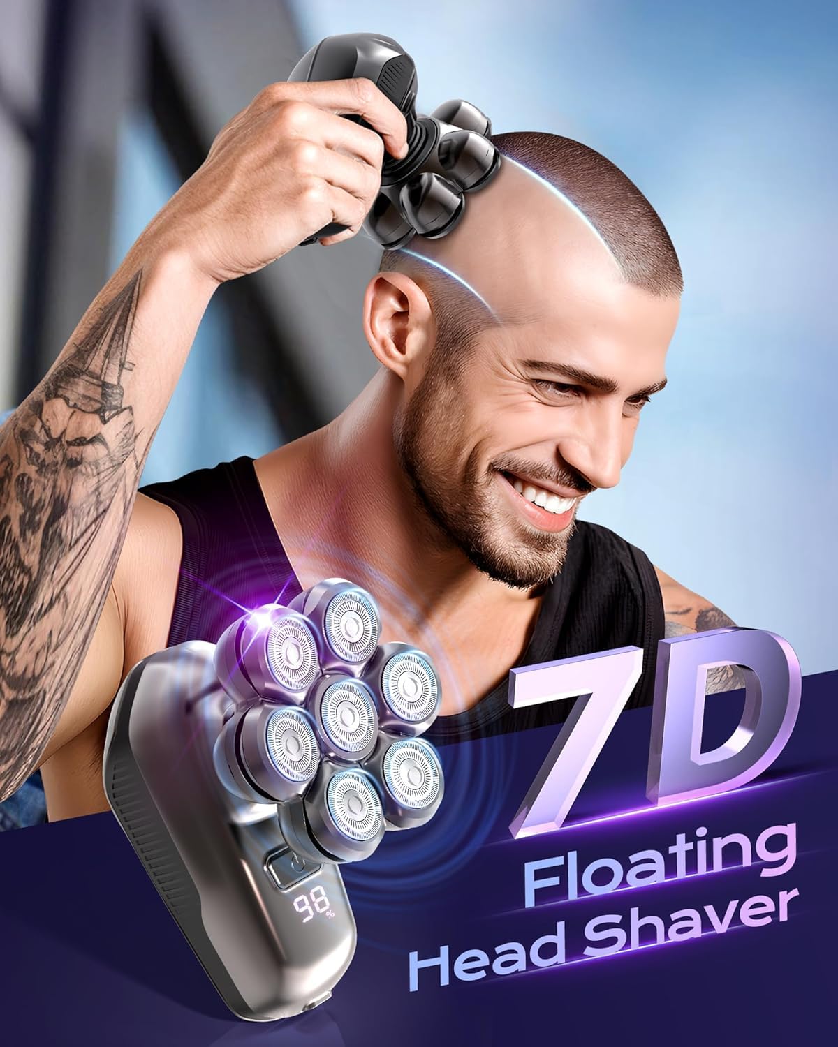 Glatzen Rasierer Herren, Upgrade-7D Kopfrasierer Glatze, Elektrischer Nass-/Trockenrasierer wasserdicht IPX7 mit Magnetische Schwebender Kopf & LED-Anzeige, Bart Nasenhaar Trimmer Pflege Kit