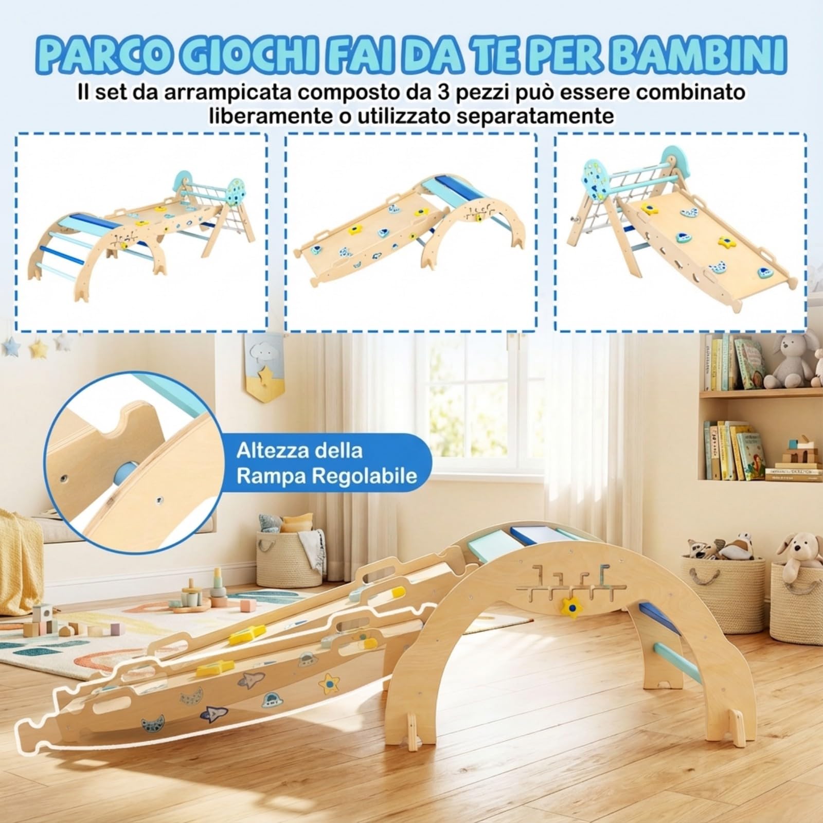 RELAX4LIFE Set da Arrampicata per Bambini, Triangolo di Arrampicata con Scivolo e Arco, Gioco di Incastri in Legno, Gioco Montessori per Bambini 1+ Anni (Astronauta con Rete-3 Pezzi | Blu)