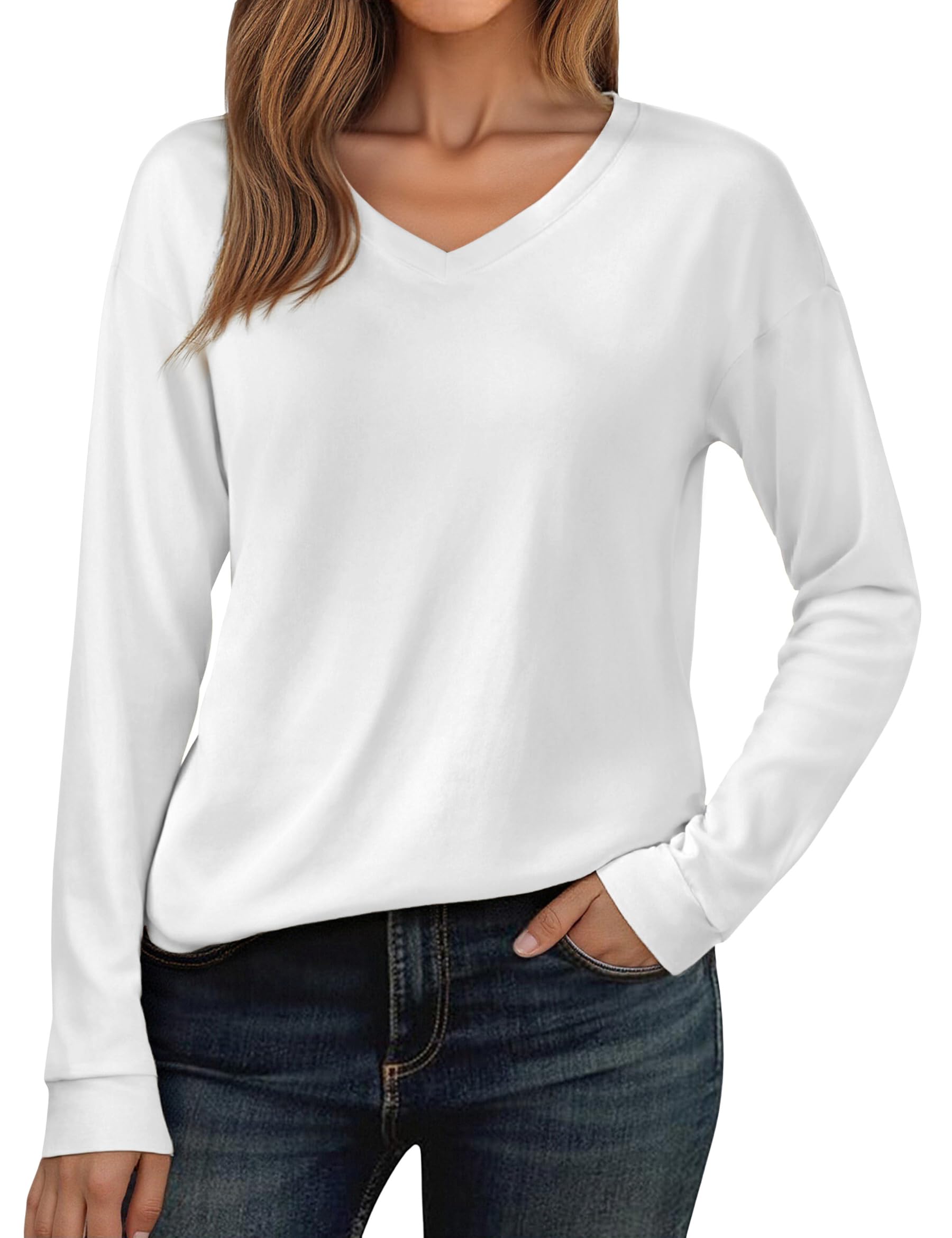 Demegimi Damen Tshirt Langarm V Ausschnitt Basic Oberteile Casual Locker Einfarbige Longshirts Baumwolle Herbst Top Shirt Weiß XL