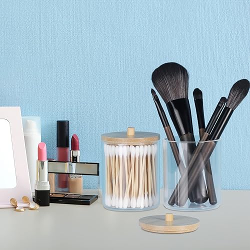 Miniatura 7 de AUANIYAN Paquete de 4 dispensadores Qtip para bola de algodón, soporte redondo para hisopos, tarros de boticario transparentes de acrílico para