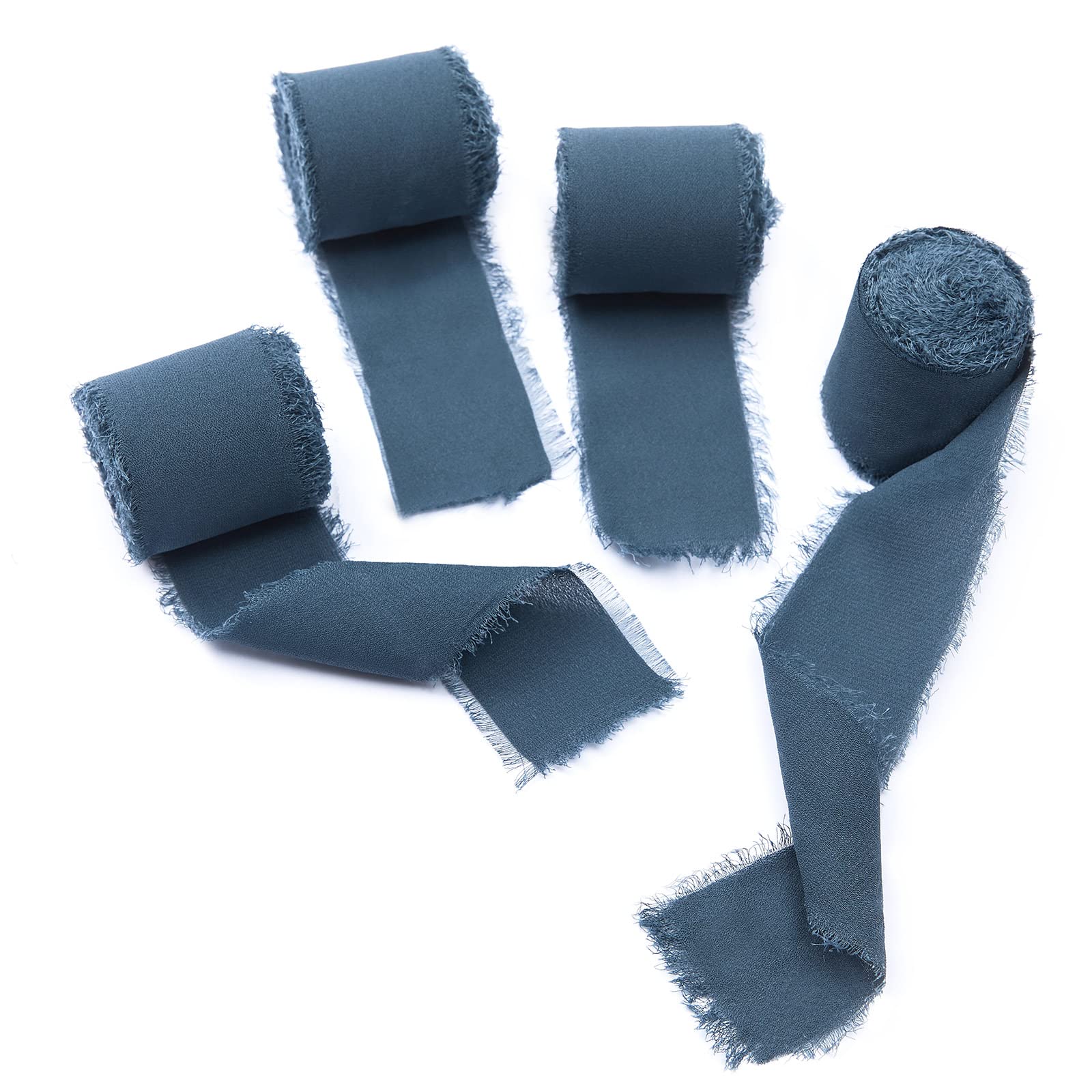 4 Rolls Dark Dusty Blue Handmade Fringe Chiffon Silk Ribbon 1.5"W x 5Yd Per Roll,Frayed Edges Ribbon Set for Gifts Wrapping,Wedding Invitations,Bouquets,DIY Crafts (1.5"x20Yd, Dark Dusty Blue)