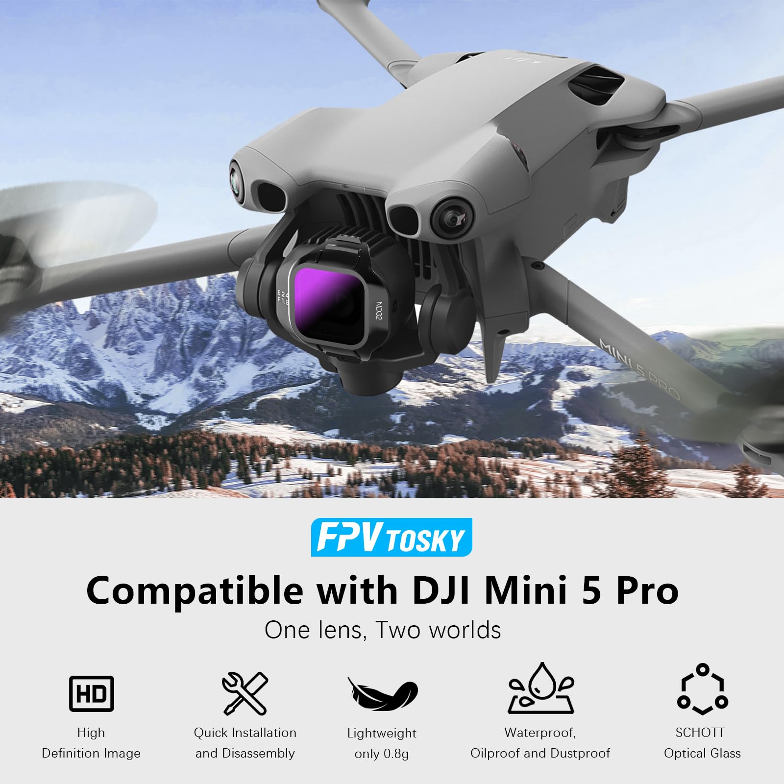 FPVtosky Mini 5 Pro ND Filter Set, ND-Filter multi-strato, Set di filtri CPL per accessori DJI Mini 5 Pro, 6 pezzi (CPL, ND16, ND32, ND64, ND128, ND256)