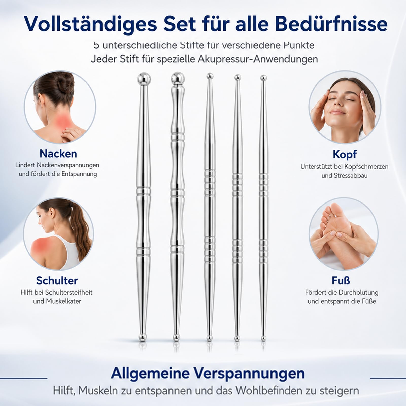 Akupressurstift 5 Stück Set, Edelstahl Tragbares Akupunkturstift, Akkupressurstab, Multifunktional Akupressur Stift, Narbenstift geeignet für verschiedene Anwendungen wie Muskelentspannung