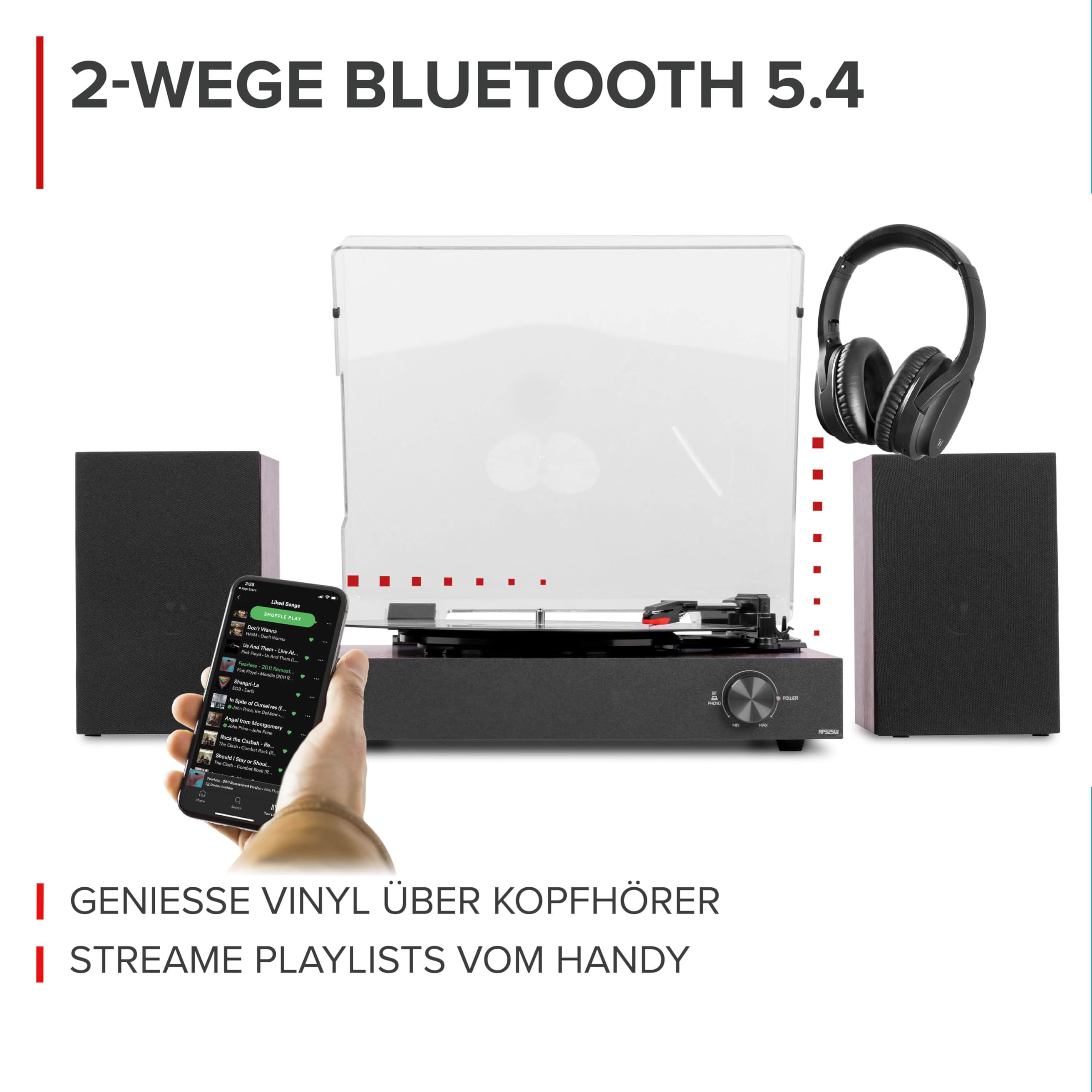 Audizio RP325W Retro Plattenspieler mit Lautsprecher & Bluetooth In/Out, Schallplattenspieler mit Boxen 60 Watt – Vinyl Player Holzoptik – Record Player mit Vorverstärker & Auto-Stop – Turntable Vinyl