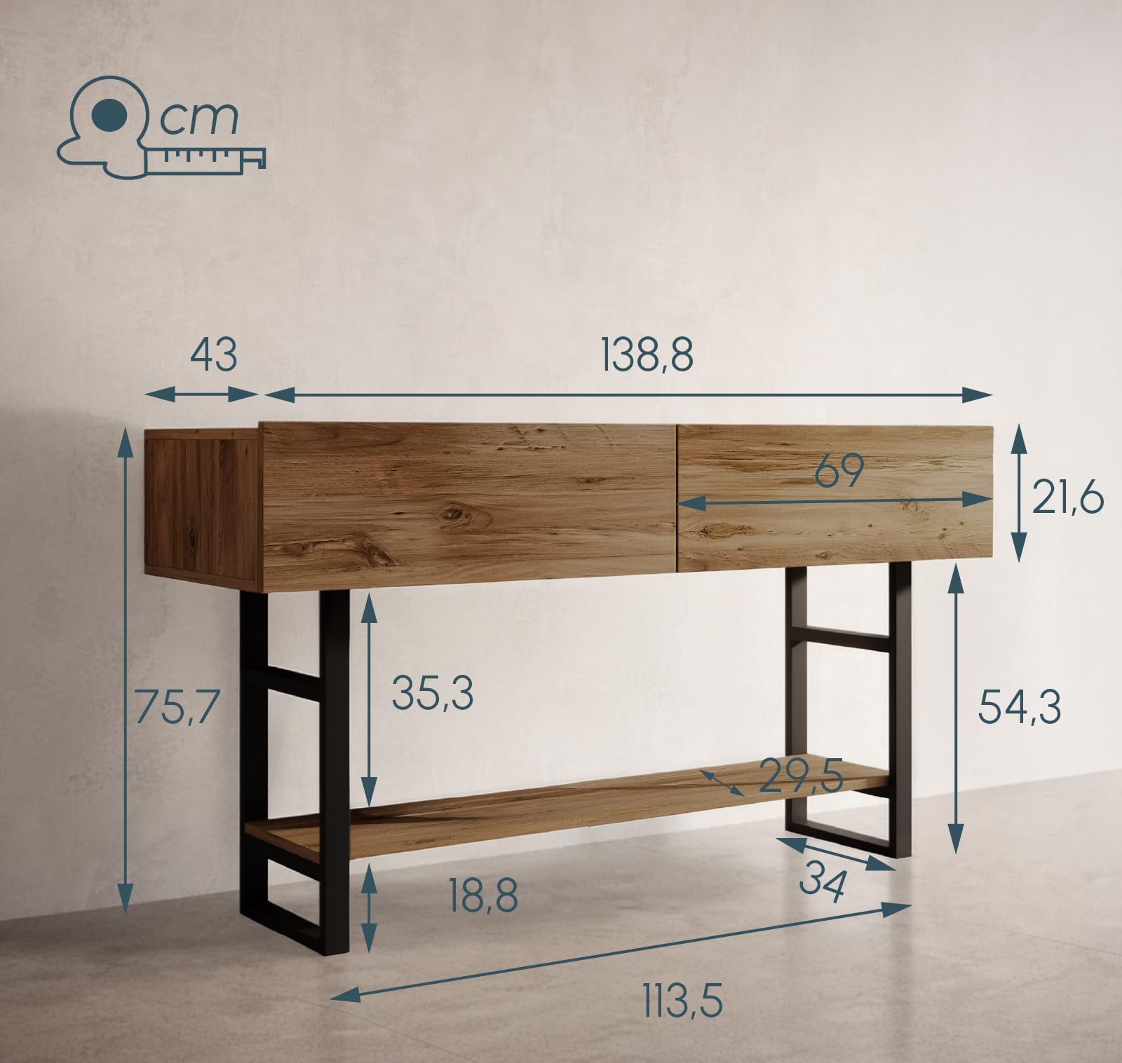 MB Muebles Bonitos, Meuble d’Entrée Factory R1 Design Industriel, Console pour Entrée, Structure en Acier Noir Mat, Mélamine Couleur Pin Atlantique, 139x75x43 cm