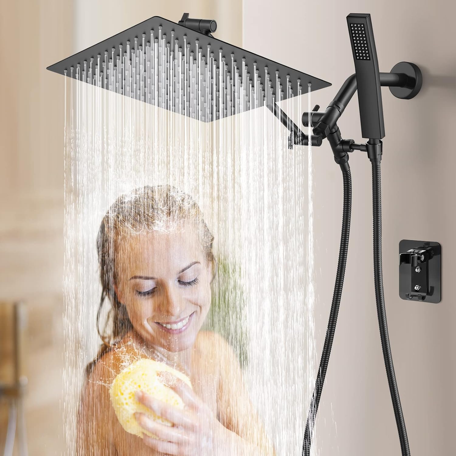 Shower Head, 12'' Head Combo, NERDON Dual Square Rainfall with Handheld 15'' Brass Adjustable Extension Arm and Combined 3-Way Diverter - A Bathroom Upgrade, Matte Black