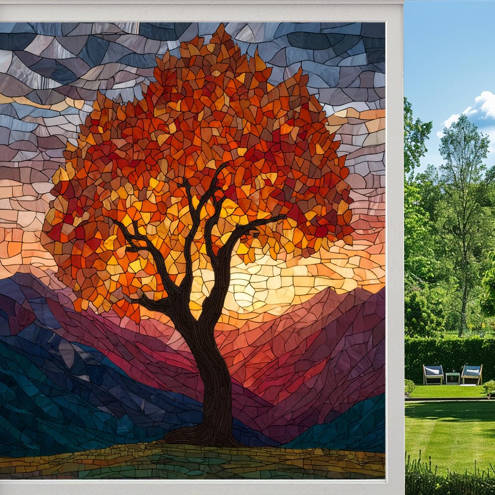 Sunset Tree Privacy Window Film, Vintage Mountains Scenery Frosted Self-Adhesive Vinyl Cling for Glass Doors Bathroom Windows Sun Blocking Heat Control, （55x80cm）