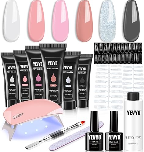 Miniatura 1 de Kit de uñas de gel de polietileno, 6 colores de gel de uñas con lámpara de uñas, kit de extensión de uñas con solución antideslizante, capa base