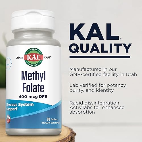 Miniatura 4 de KAL Metil folato 400 mcg de DFE, 5-MTHF forma activa vitamina B9, suplemento de ácido fólico, salud cardíaca, prenatal, apoyo al estado de ánimo y