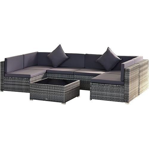 Outsunny 7-Piece Patio Furniture Sets Outdoor Wicker Conversation Sets All Weather PE Rattan Sectional Sofa Set with Cushions & Tempered Glass Desktop, Grey