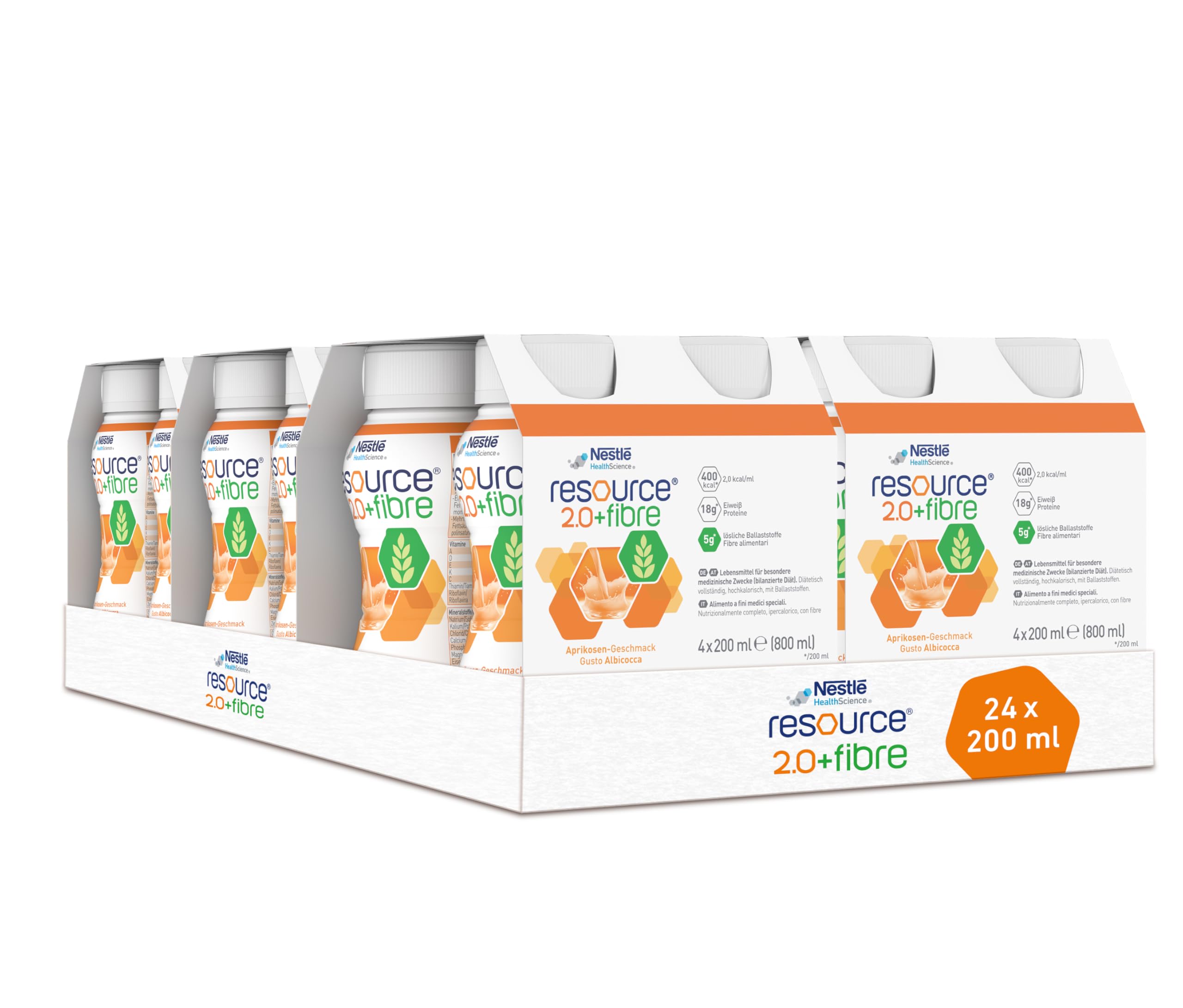 resource® 2.0+fibre Aprikose | 24x200ml | Hochkalorische Trinknahrung bei ungewolltem Gewichtsverlust | Astronautennahrung | Aufbaunahrung | 400 Kalorien + 18g Eiweiß/Flasche | mit Ballaststoffen