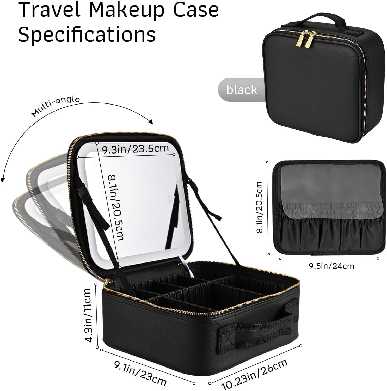 Friza Travel Makeup Case With Led Light Mirror, Waterproof Vanity Bag With 3 Adjustable Color Brightness Cosmetic Bag Train Case Organizer With Adjustable Dividers (Black) - Image 3 thumbnail