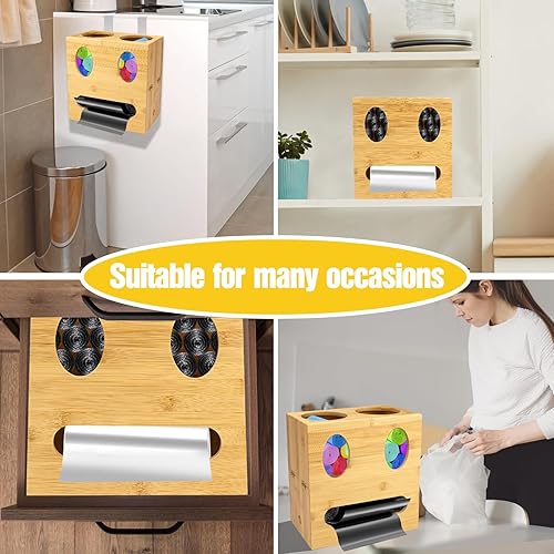Miniatura 4 de Dispensador de bolsas de basura de madera, 3 en 1 de bambú para bolsas de comestibles y dispensador de bolsas de basura para bolsas de comestibles y