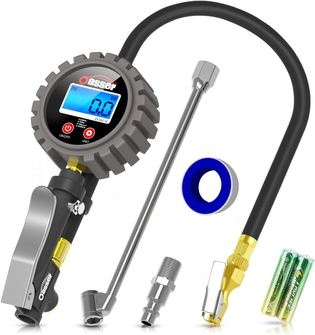 OneAmg Digitaler Reifendruckprüfer 250 PSI – 3-in-1 Mit Manometer, Hintergrundbeleuchtung & 90° Ventiladapter Für PKW, LKW & Motorrad