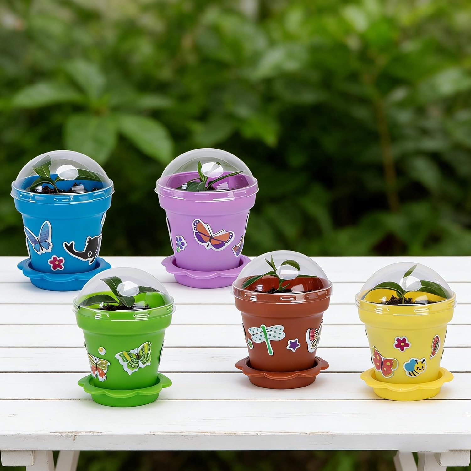 50 Packs Cupcake Plant Nursery Pots with Humidity Dome, Small Plastic Flower Plant Pots with 40 Sheet Stickers, Seeds Starter Pot Flower Planting Container for Seedlings Succulent Display (Mix Colors)