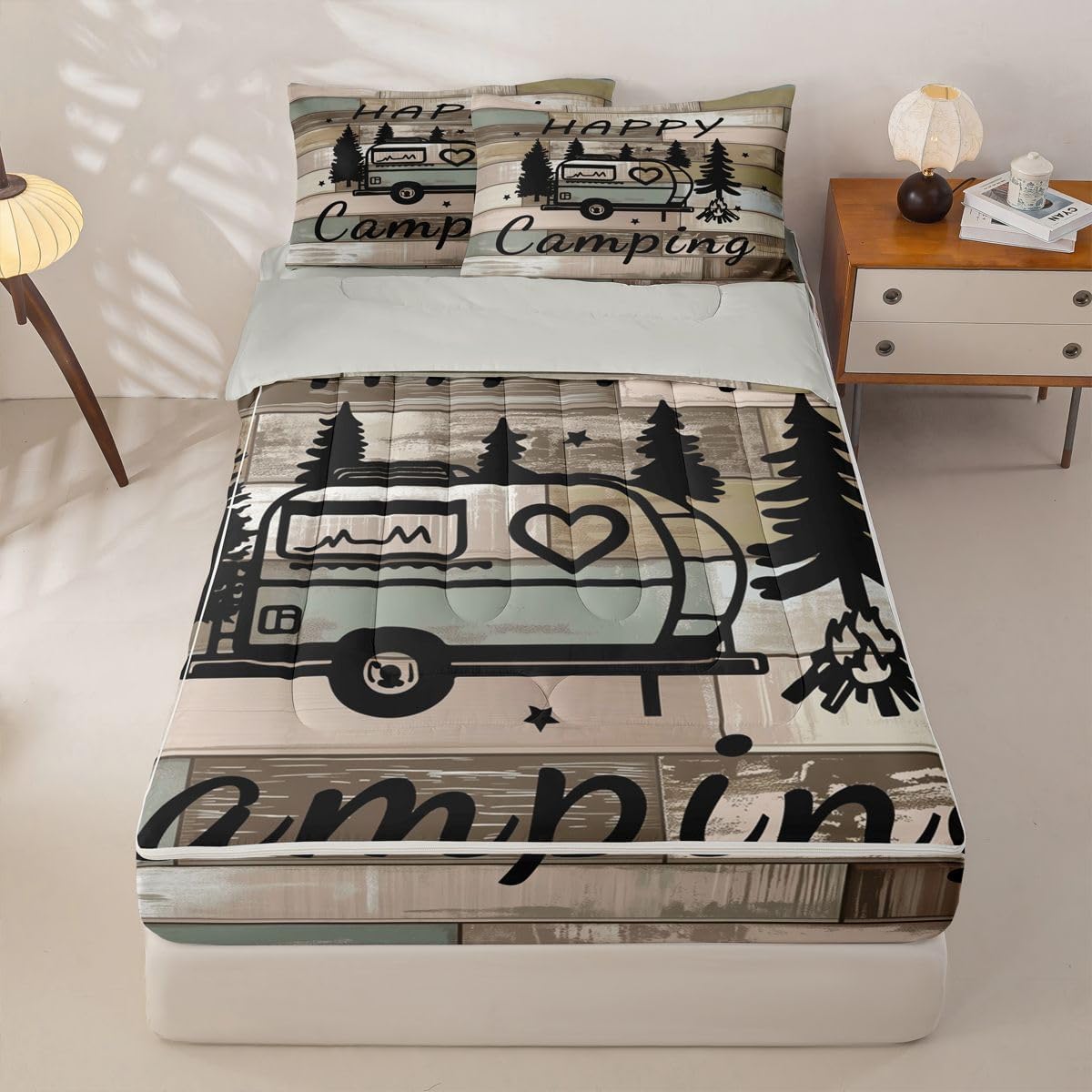 Erosebridal Camping Zip Up Comforter Set,Wooden Plank Travel RV Twin Zipper Bedding,Camping Lovers Bed Set with Sheets,Vintage Retro Bed in a Bag Bedroom Decor