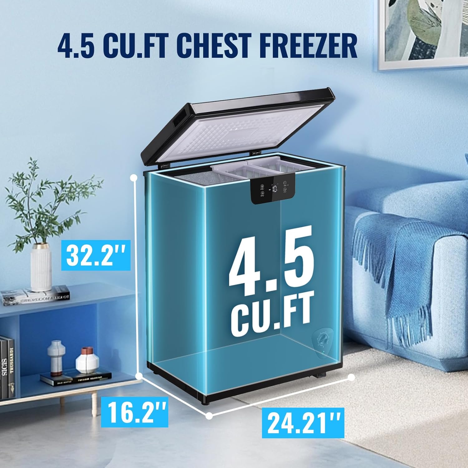 4.5 Cu.ft Chest Freezr with Wheels Deep Freezer Top Open Door Electronic Temperature Control Digital Display Screen 2 Removable Baskets for Home Apartment Kitchen Black