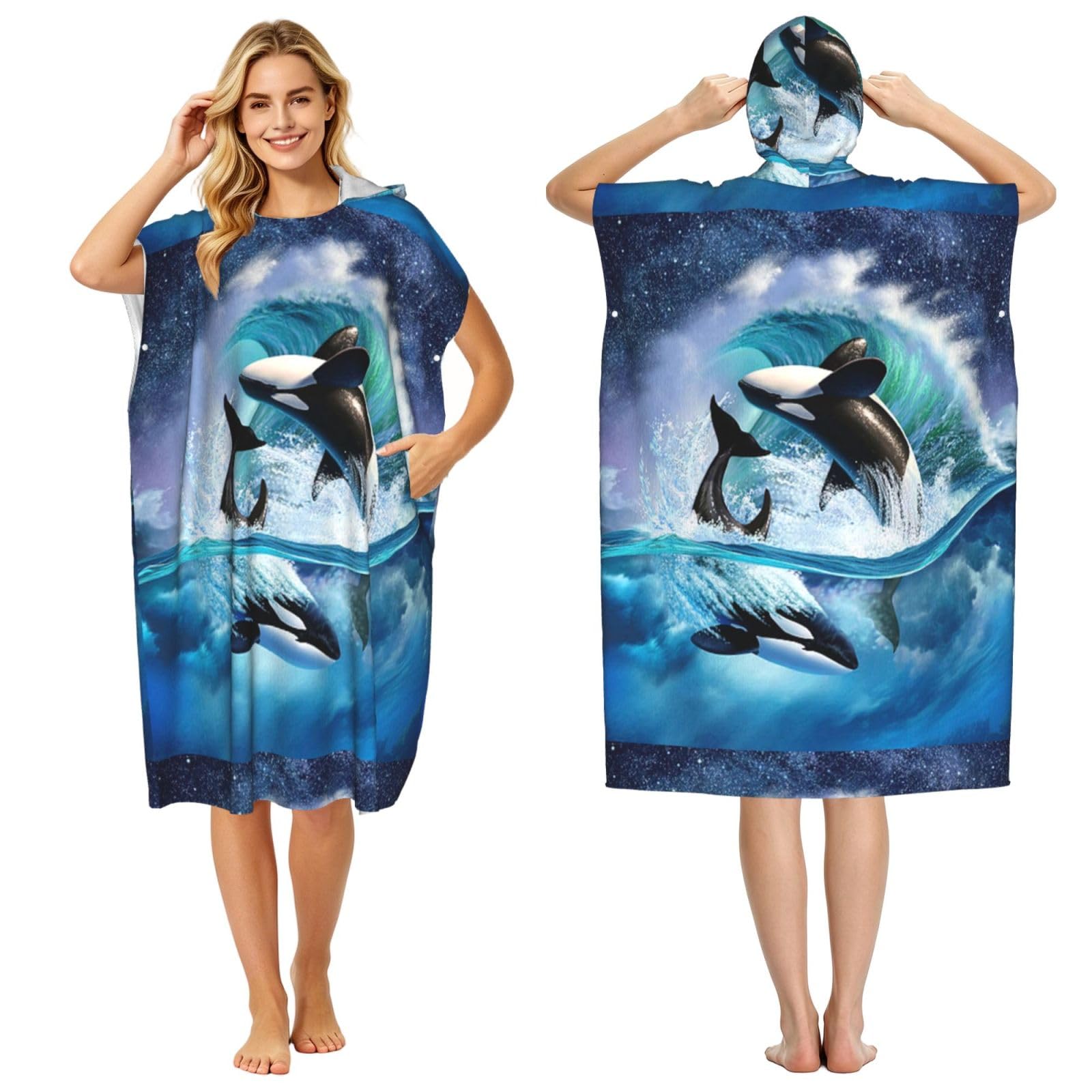 Poadnly Orca Killer Whales Wave, Adult Hooded Beach Towel 90 x 110 cm,Changing Bath Robe, Surf Poncho Towel For Women Men