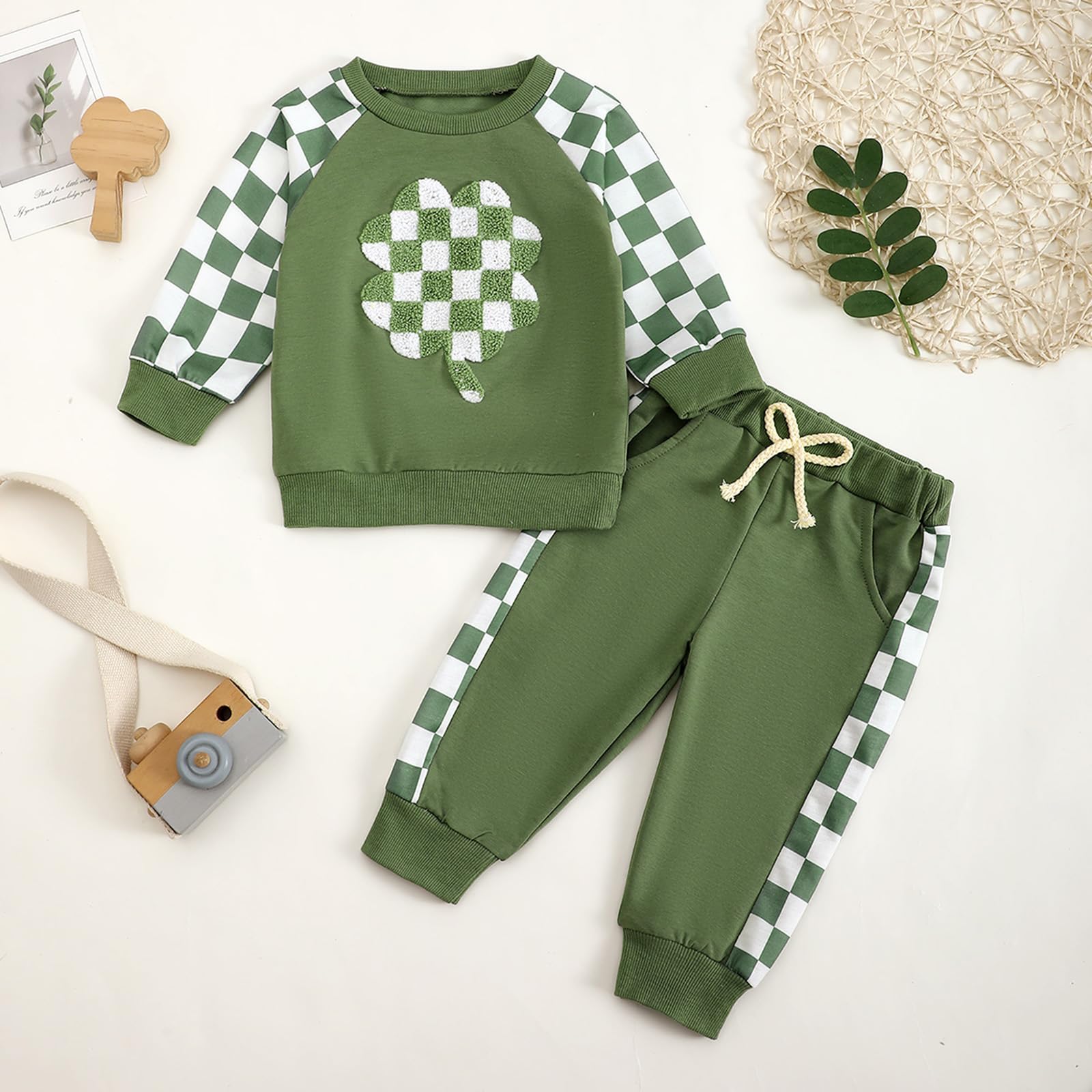 Gureui 3T Toddler Baby Boy St Patricks Day Outfit 2-3 Years Plaid Sweatshirt Pants Sweatsuit 2T Clothes
