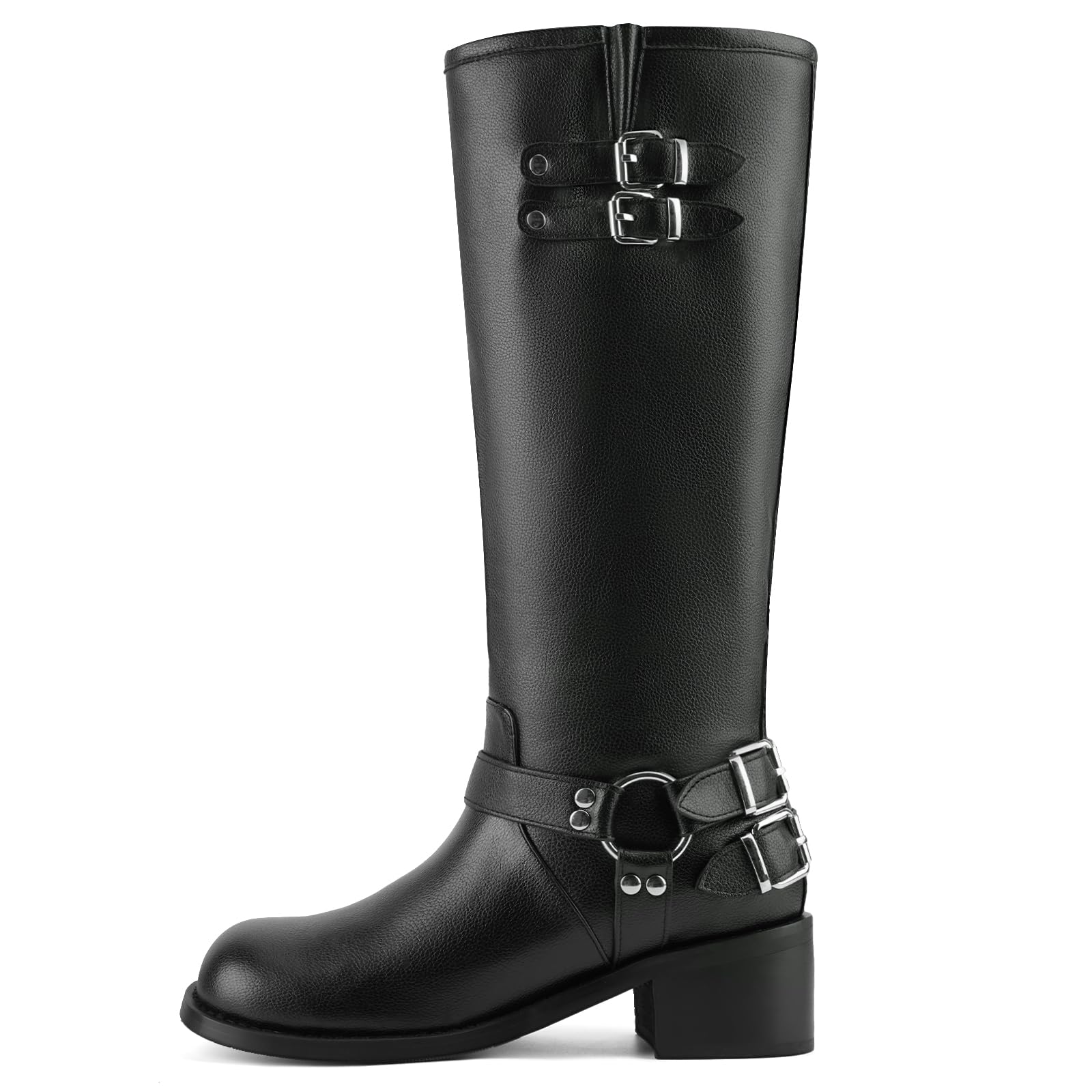 QIV Knee High Motorcycle Boots for Women Classic Harness Ring Mid Calf Riding Biker Boots with Buckle Straps