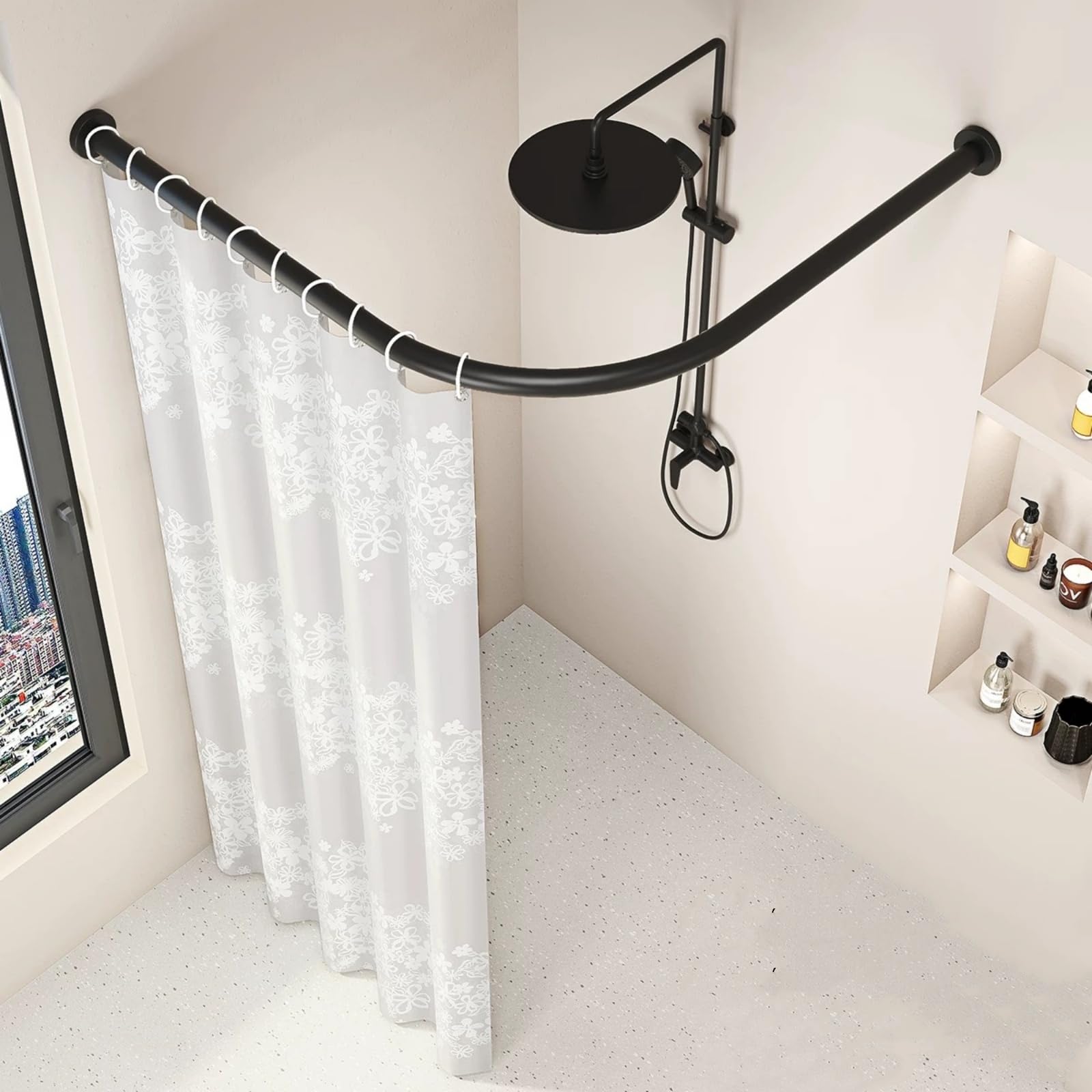 Barra de cortina de ducha sin perforaciones, barra de ducha ajustable en forma de L de acero inoxidable, soporte de riel para cortina de ducha, adecuado para vestidores de baño(75-95 x 75-95 cm)