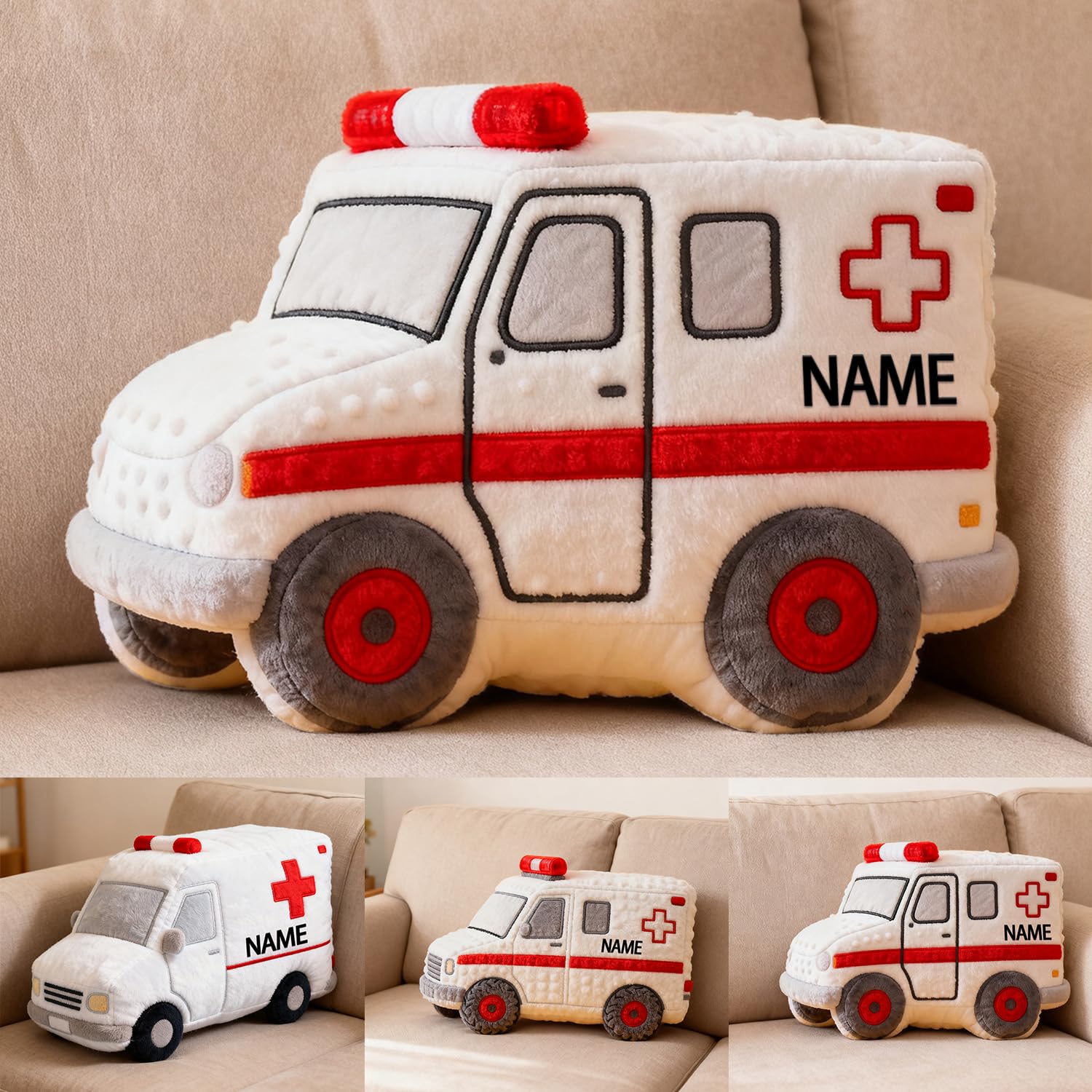 AHROZHOUIK Personalised Ambulance Shape Pillow Custom Name Vehicle Theme 2D Printed Cartoon Plush Car Cushion Pillow For Sofa Room Gift For Ambulance Lover Birthday Xmas (style 2) — image 1