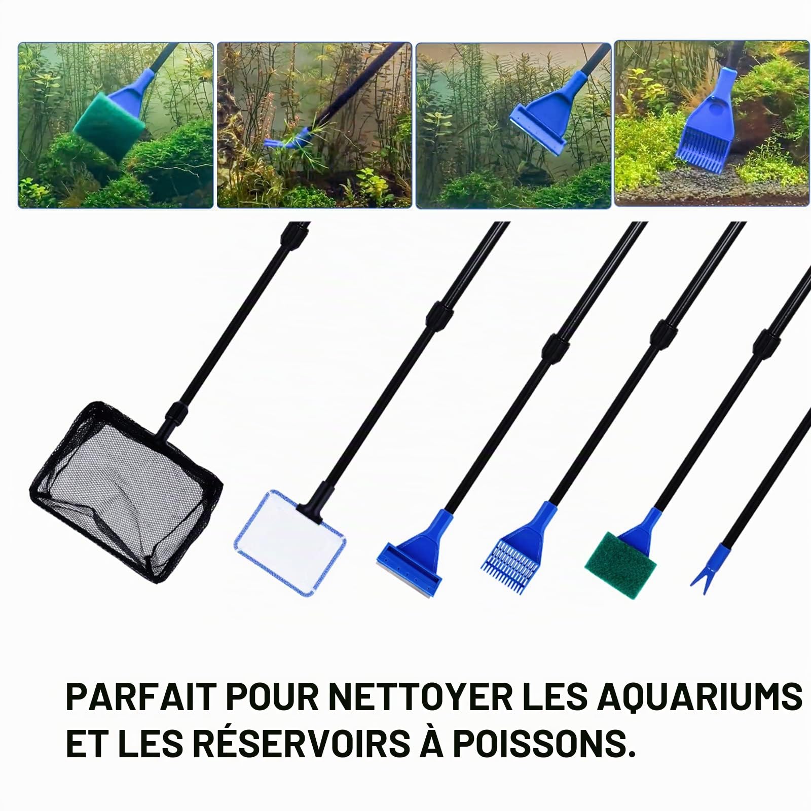 Coolty 9 en 1 Outils pour Aquarium pour Tailler Les Plantes Aquatiques Nettoyage de l'aquarium Filet à Poissons Râteau à Gravier Fourche à Plantes Grattoir Eponge Pince à épiler Ciseaux Grattoir