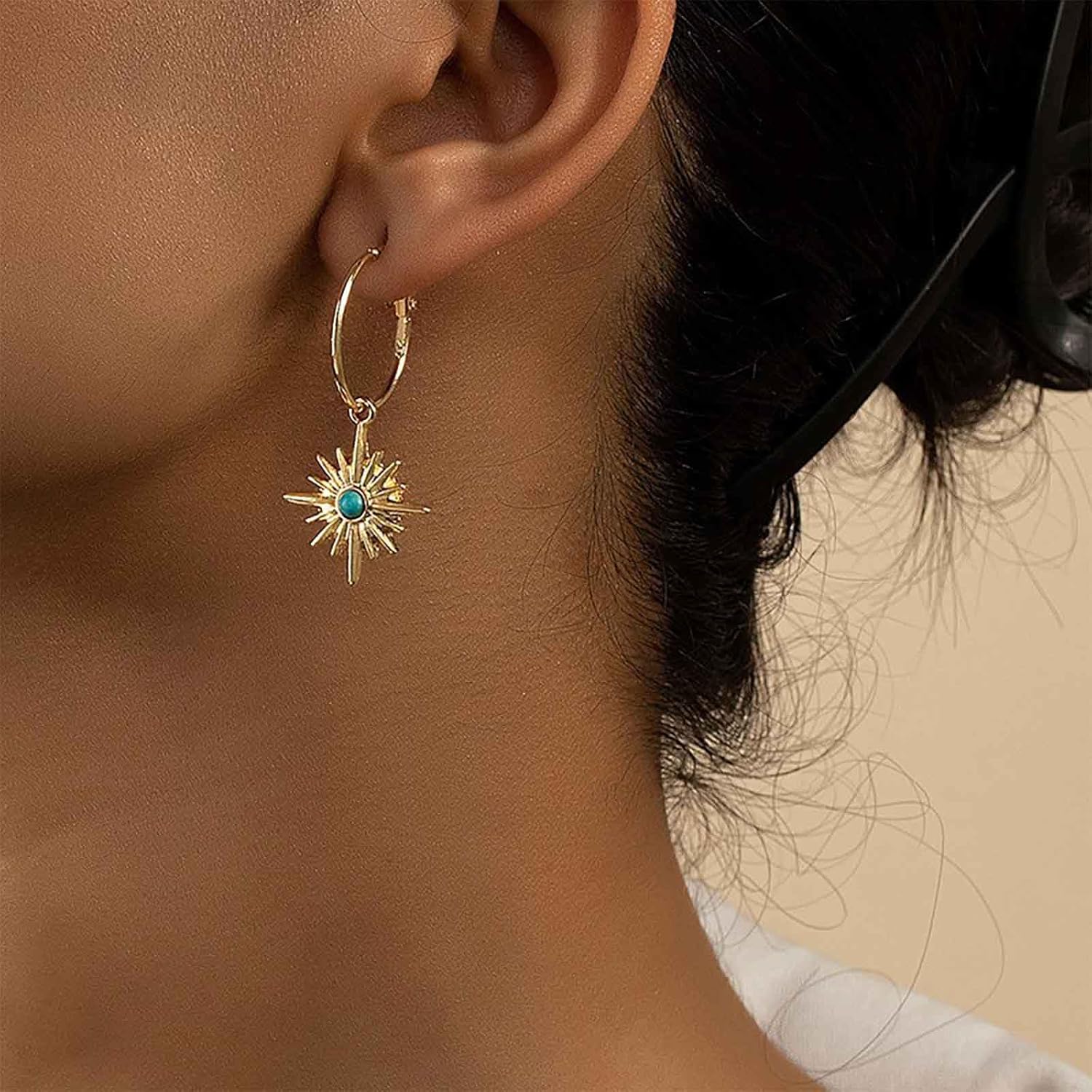 Vintage Turquoise Sunburst Earrings Gold Sunshine Dangle Earring Starburst Huggie Hoop Earrings Opal Star Hoop Stud Turquoise Sun Dangle Earring Jewelry for Women - Image 2