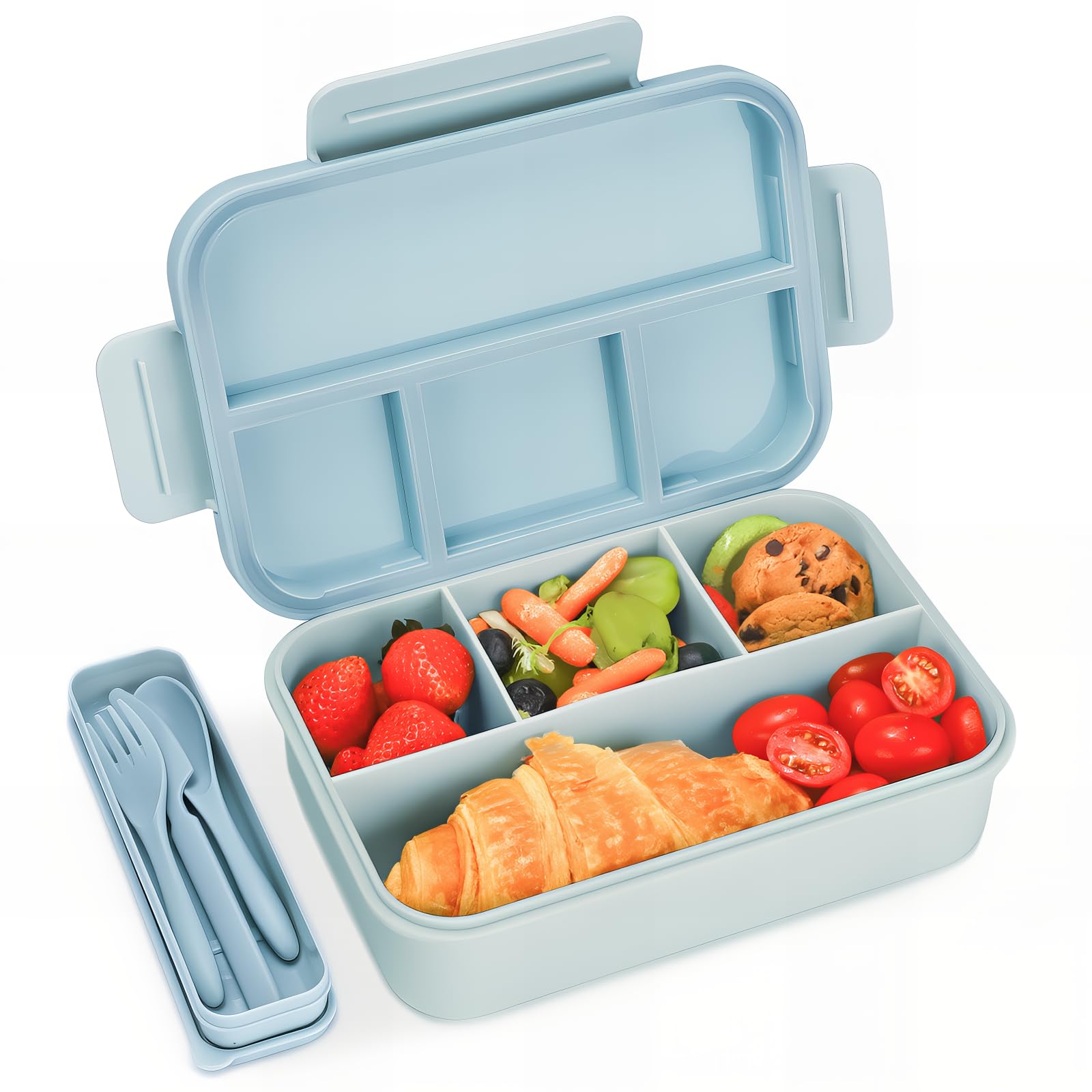 Bugucat Leak-Proof Bento Lunch Box 1300ML - 4 Compartments with Cutlery for Kids Adults - School, Kindergarten, Office Snack Box, Blue