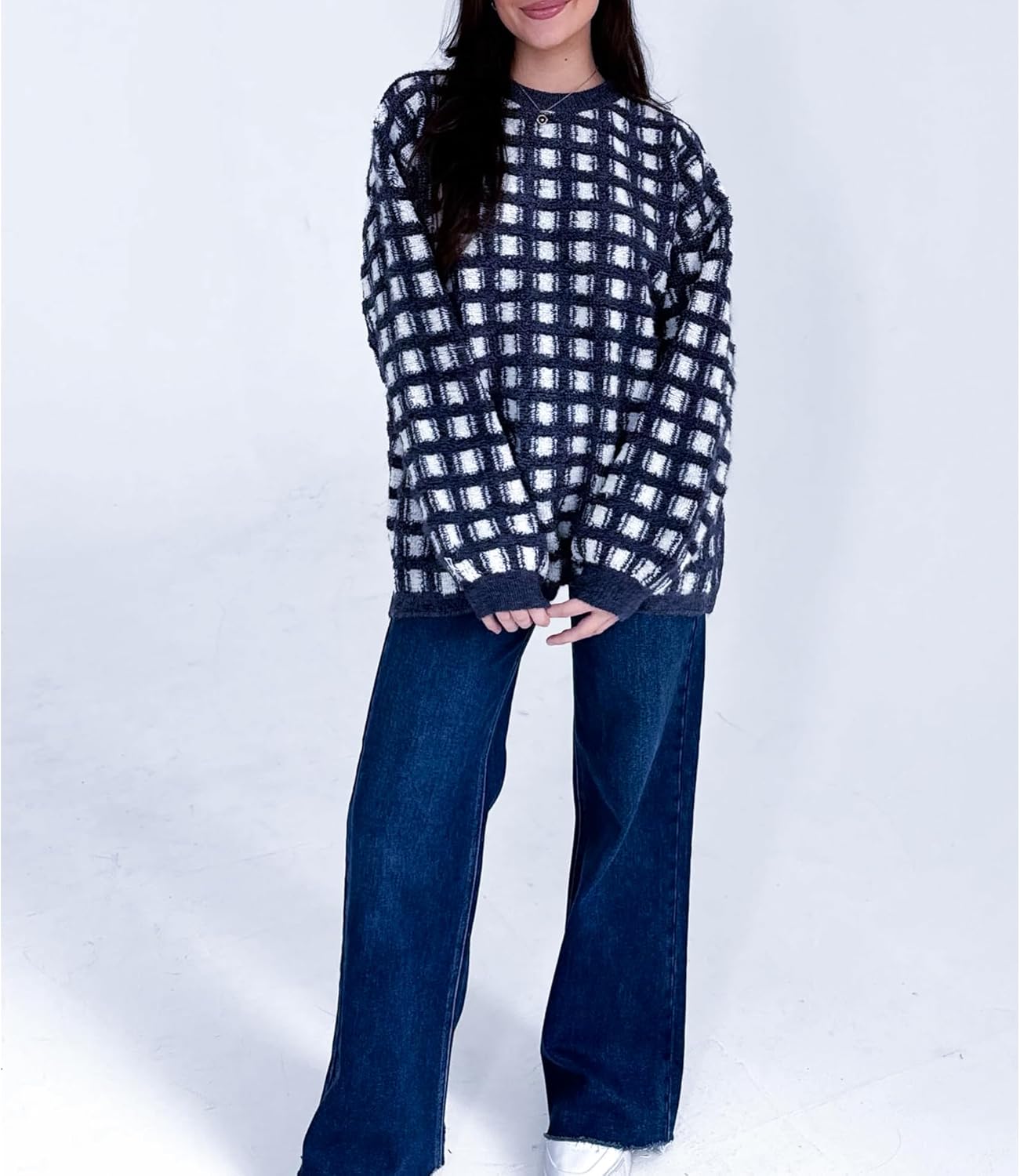 Hixiaohe Oversized Checkered Sweater for Women Trendy Pullover Sweaters Casual Long Sleeve Ribbed Knit Tops Fashion Clothes - Image 7