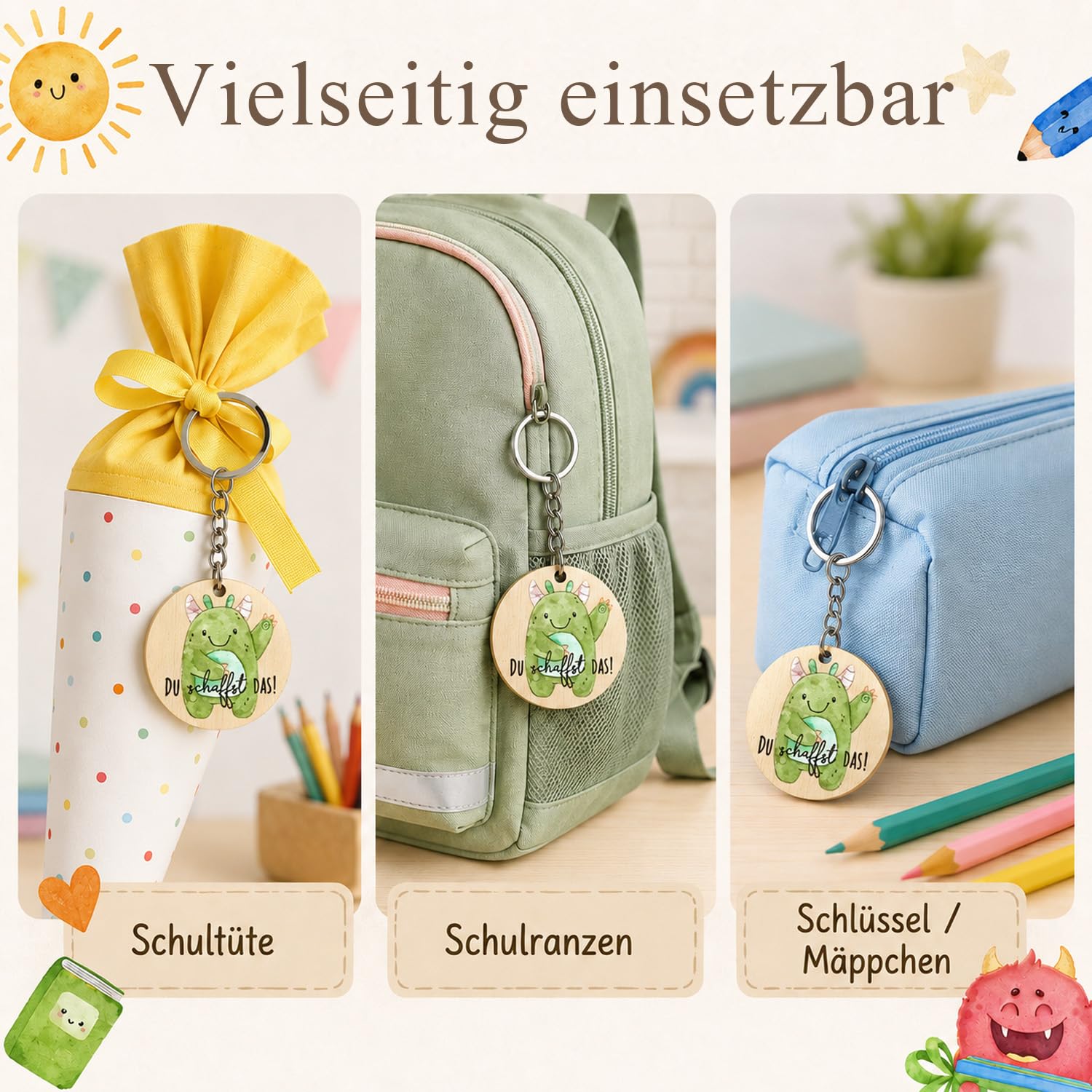 Schlüsselanhänger Einschulung, Glücksbringer Schulanfang Schutzengel Mutmacher Mutstein Schultüte Anhänger für Kinder