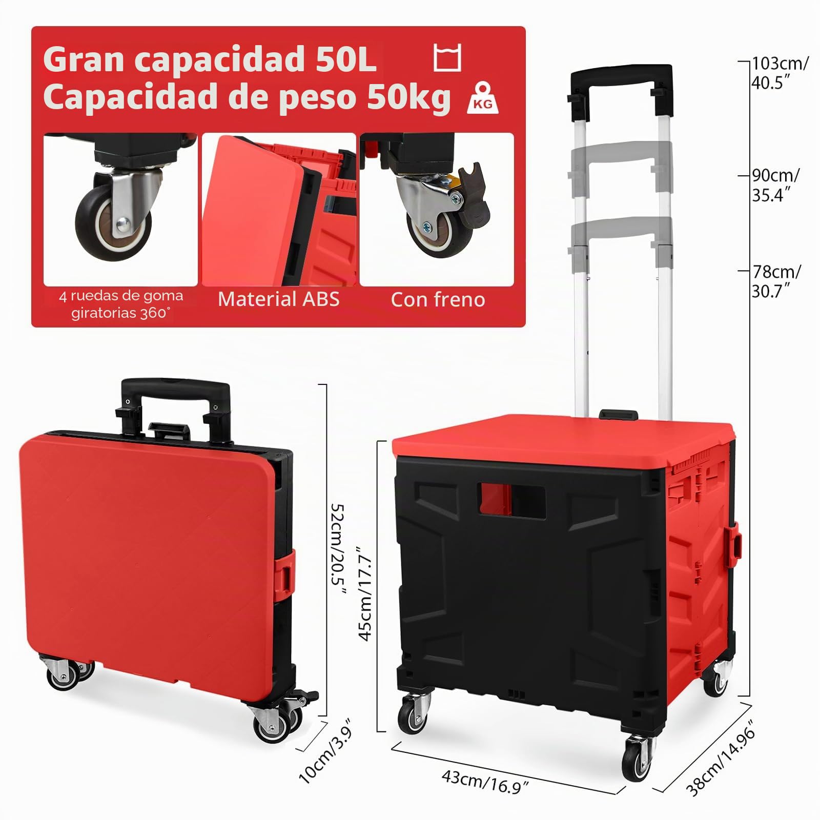 Carro de la compra plegable, carrito de transporte, hasta 50 kg, caja de 50 l, cesta de la compra con tapa, asa extensible de aluminio, 4 ruedas metálicas giratorias de 360°, 103 x 43 x 38 cm