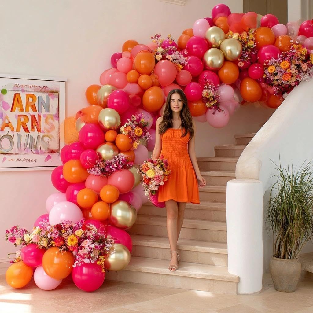 Pink Orange Balloon Garland, Double Stuffed Hot Pink Dark Magenta Balloon Arch Kit Metallic Gold Latex Balloons for Mother's Day Birthday Wedding Baby Shower Tropical Party Decorations