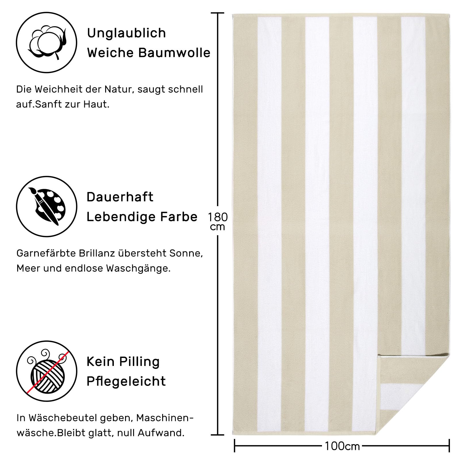 Übergroßes Strandtuch aus Baumwolle, extra groß, 180 x 100 cm, weich, saugfähig, Pool-Handtuch für Erwachsene, gestreiftes Cabana-Badetuch (Sand)