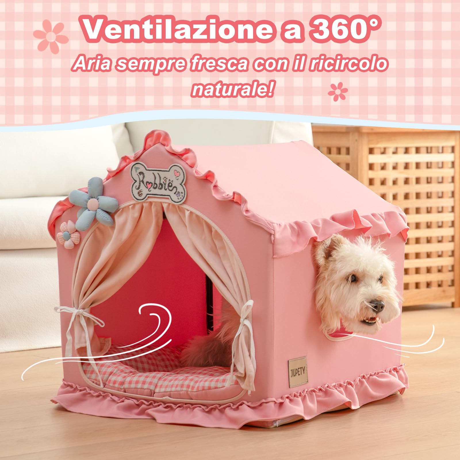 Jiupety Cuccia per cani con telaio, tenda per cani lavabile e pieghevole, casetta per cani per interni, lettino per cani ventilato con tetto per 4-9 kg, taglia M 43x43x43 cm, Rosa