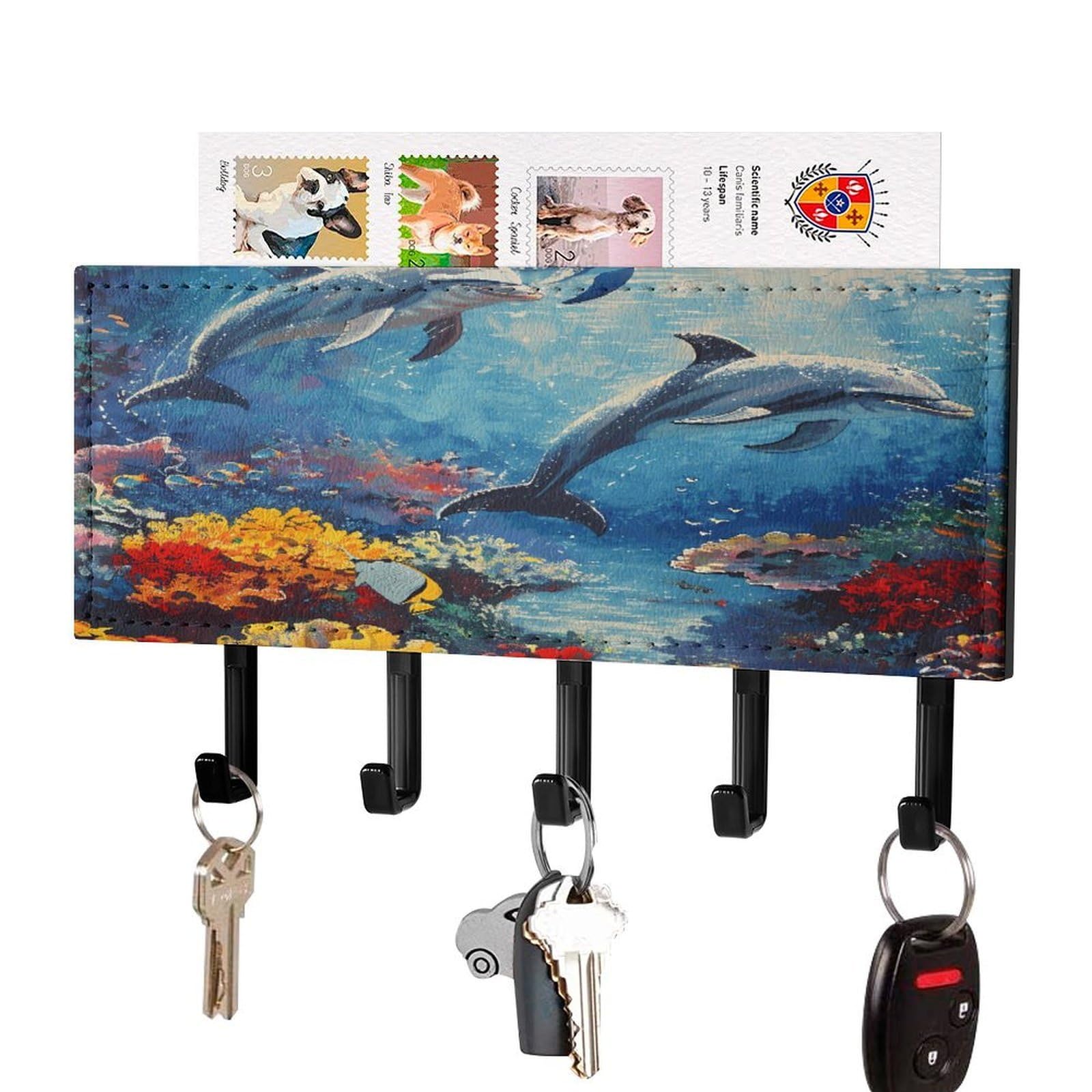 FekiLoot Seabed Coral Fish Dolphins Key Holder for Wall Decorative Mail Organizer with 5 Key Hook Self Adhesive Key Rack with Tray Coat Rack Wall Mount Key Hanger Decor for Entryway Door