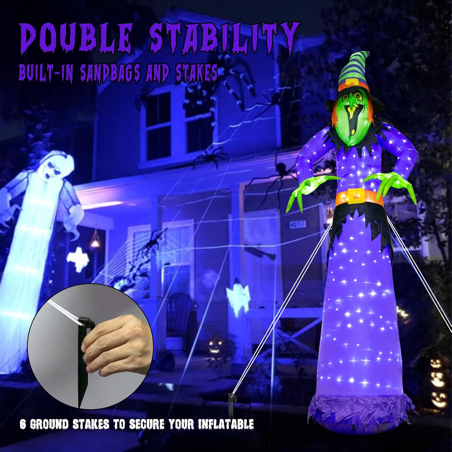 EAMBRITE 10 FT Halloween Inflatable Witch with 248LED Cool White Lights, Giant Scary Witch Blow Up Outdoor Halloween Decorations for Yard, Garden, Lawn, Party