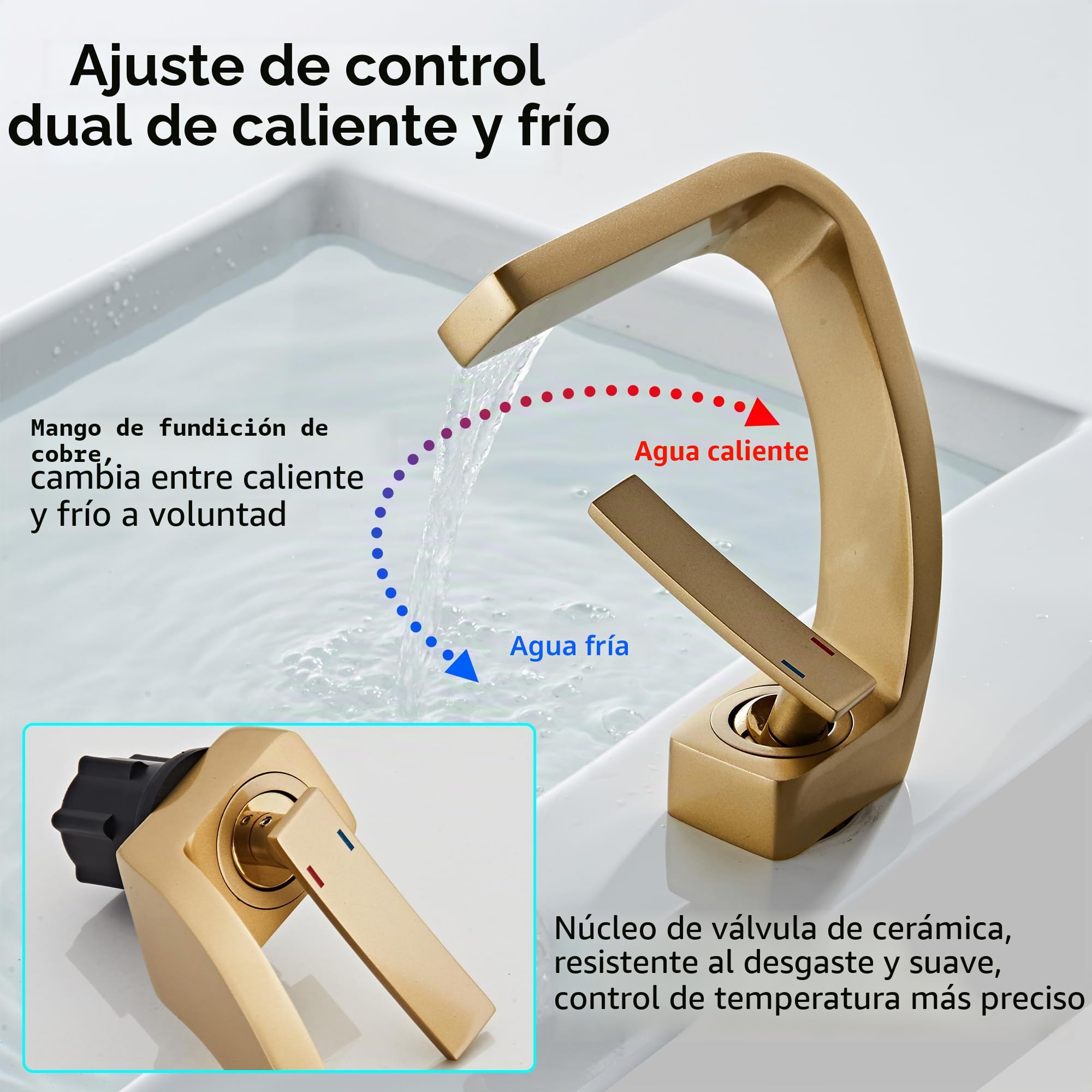 MocArt 2239 Grifo de cascada, grifo mezclador para baño, grifo de cobre para lavabo de hotel, núcleo de cerámica, instalación de orificio único, diseño de ahorro de agua (Plata cepillada)