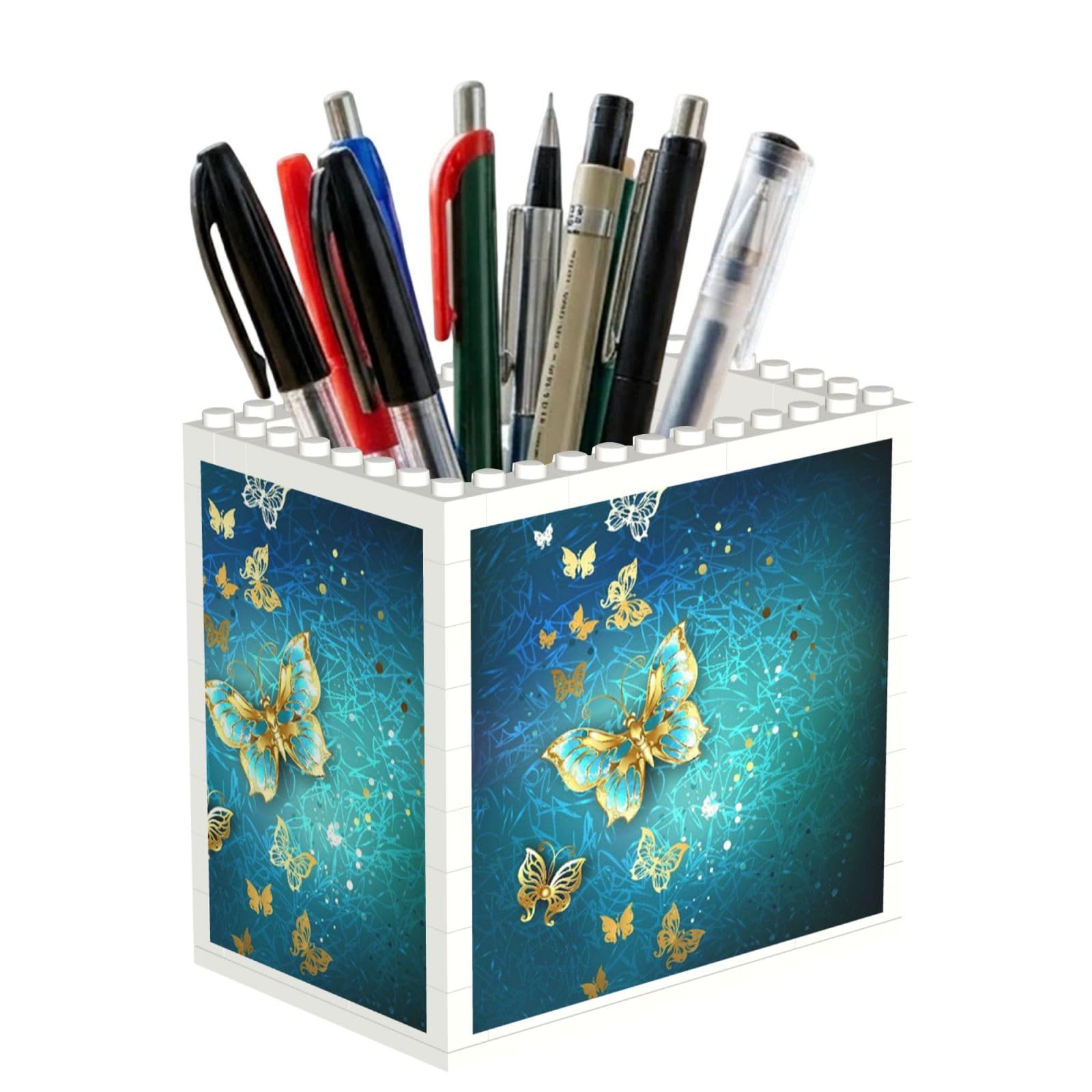 SATUSA Butterfly Print Building Block Texture Pen Holder - Pencil Holder For Desk Pen Organizer,Aesthetic Desk Accessories For Women(1pcs)