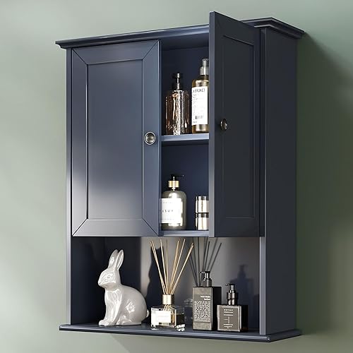 Armario de baño azul montado en la pared, botiquines de madera sobre inodoro, gabinete de almacenamiento de 24 x 30 pulgadas, gabinete de pared