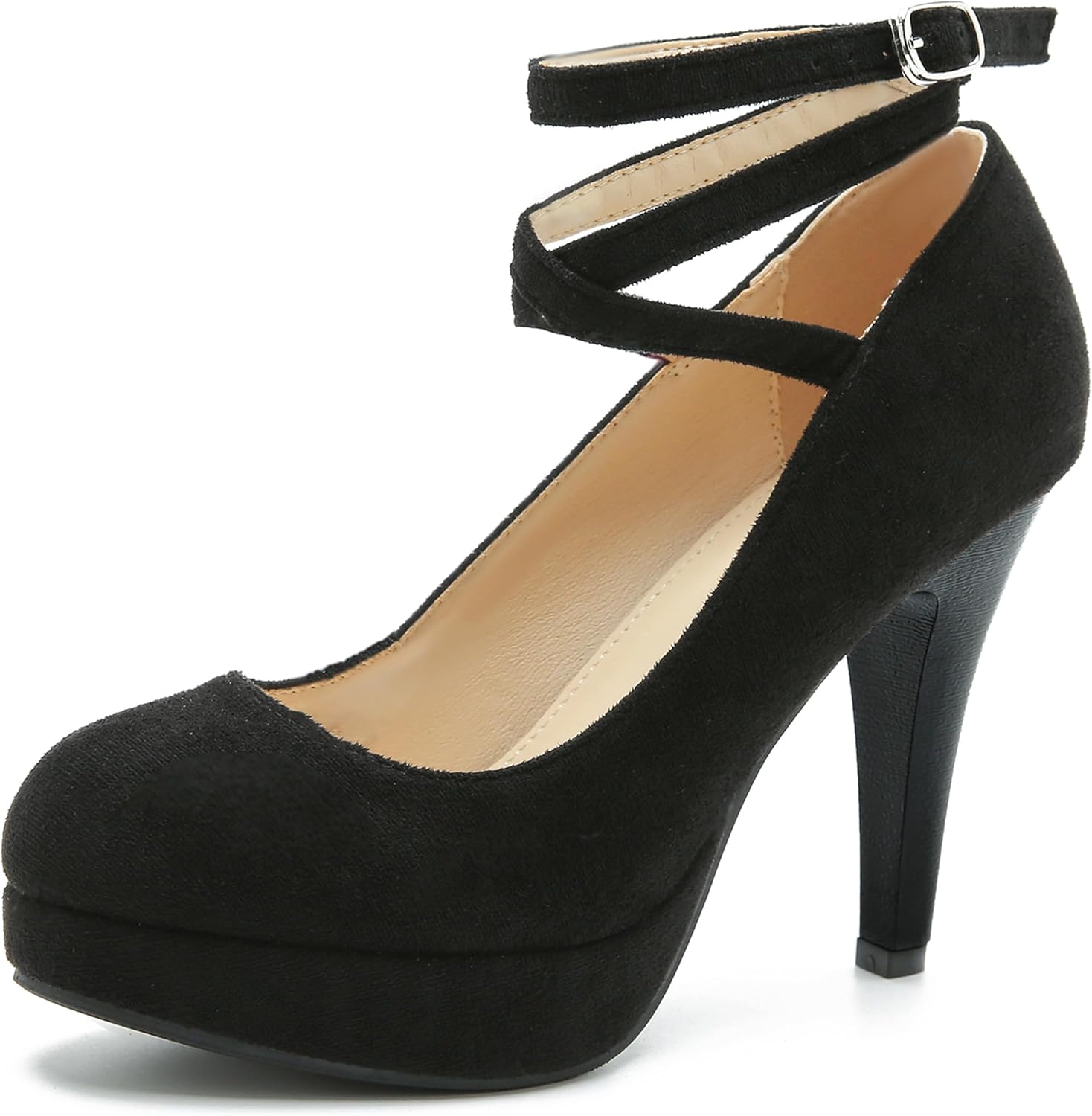 Women's Platform High Heel Pumps with Criss Cross Ankle Strap, Closed Toe, Dress Shoes